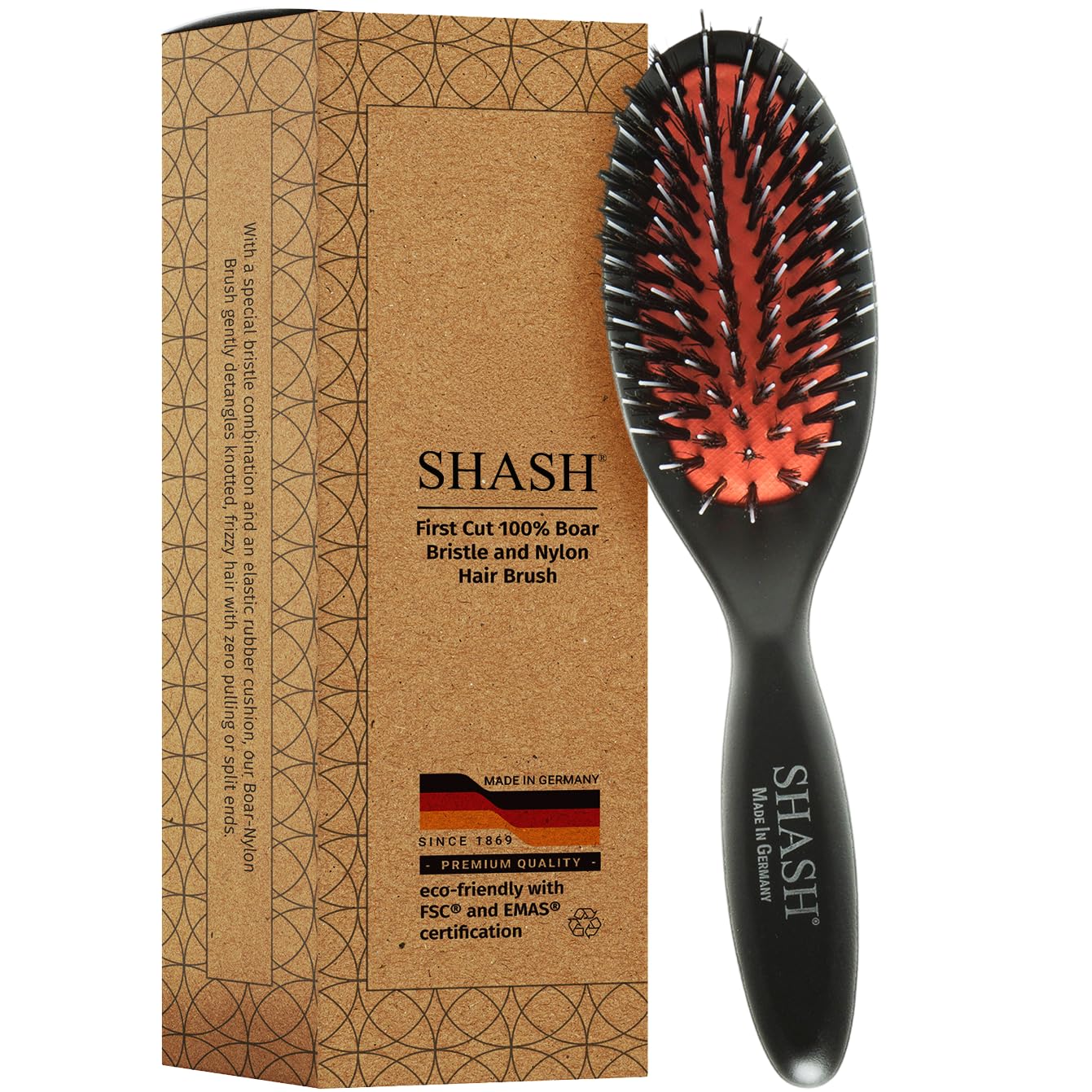 SHASH Since 1869 Hand Made In Germany - Nylon Boar Bristle Brush Suitable For Normal to Thick Hair Gently Detangles, No Pulling or Split Ends Beauty and Personal Care SHASH