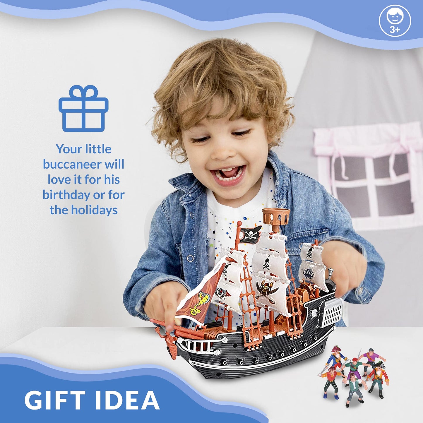 HOWBOUTDIS Pirate Playset - 10 inch Pirate Ship with 2" Pirate Figurines - Hours of Imaginative Play- Makes a Great Gift or a Fun Prize - Ages 3yrs+