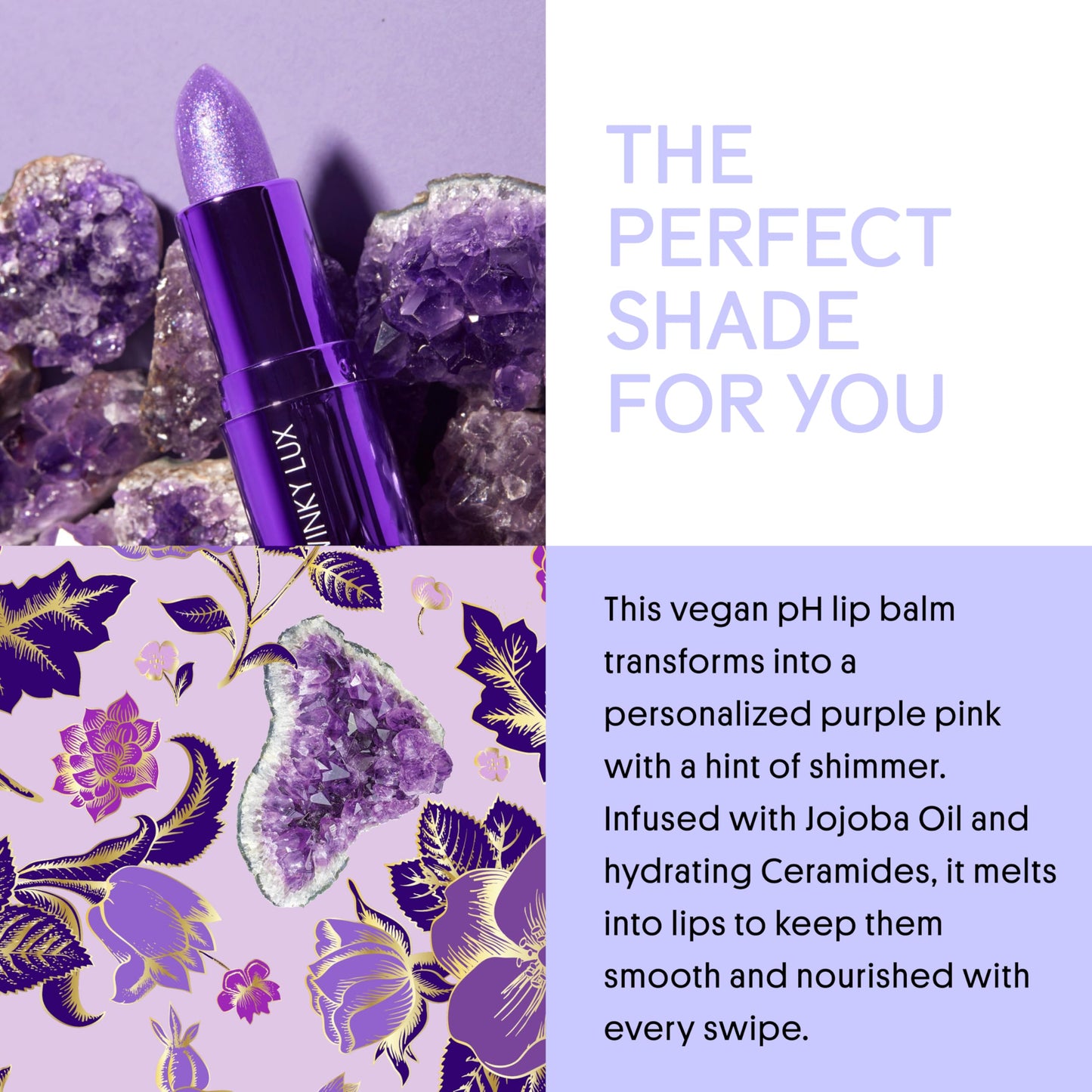 Winky Lux Amethyst Glimmer Balm - Nourishing pH Lip Balm with Color Changing Tint, Hydrating Ceramides Soften Lips, Coconut Scent