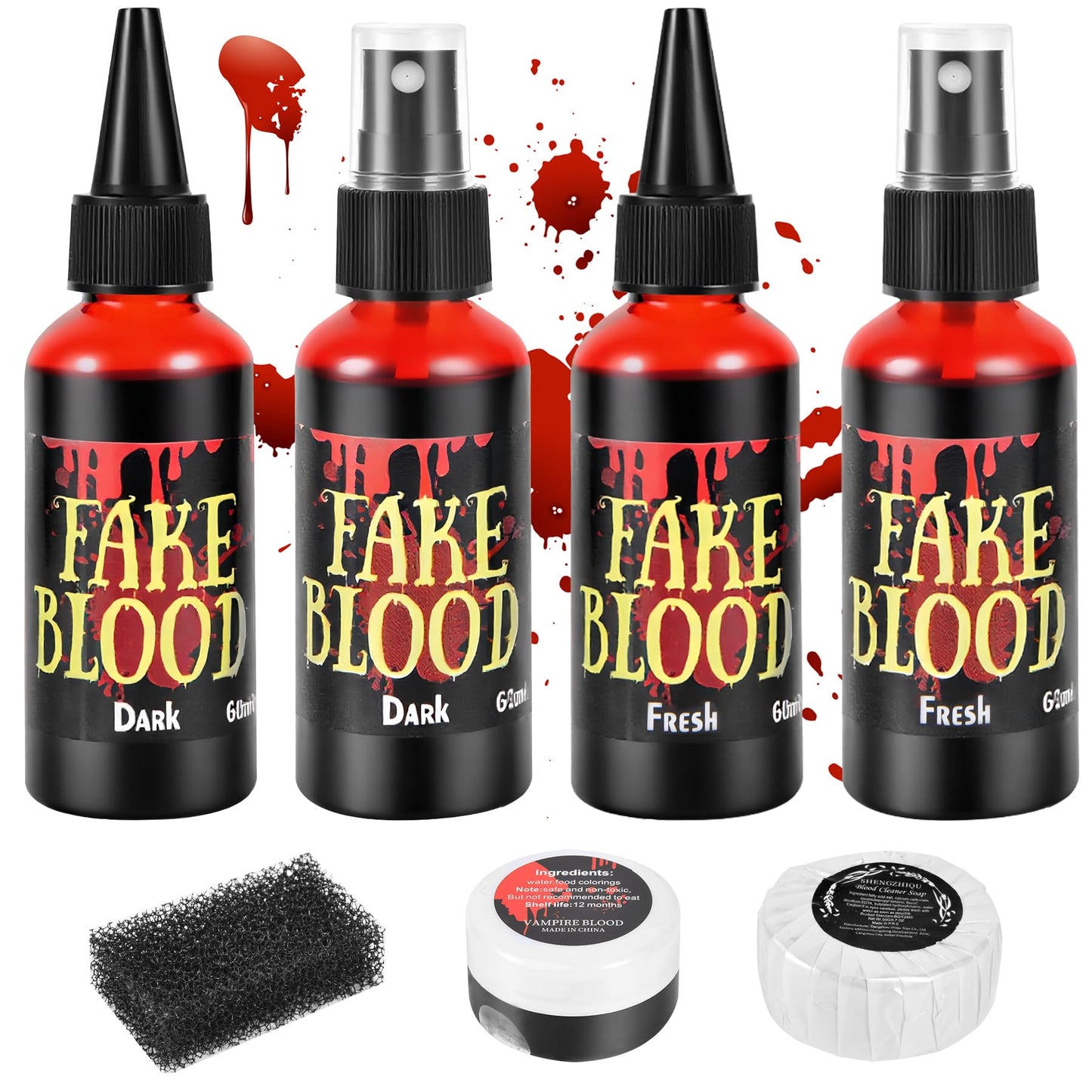 JAYUWE 7 PCS Halloween Fake Blood Spray Makeup Kit - Fake Blood 2.1oz X4 + Coagulated Blood Gel 1.41oz + Soap + Sponge, Washable Blood Paint