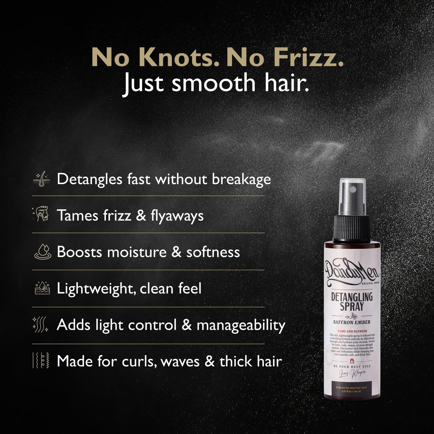 DandyMen Detangling Spray for Men - Leave-In for Curly, Wavy & Textured Hair - Softens & Smooths - 5.7 oz
