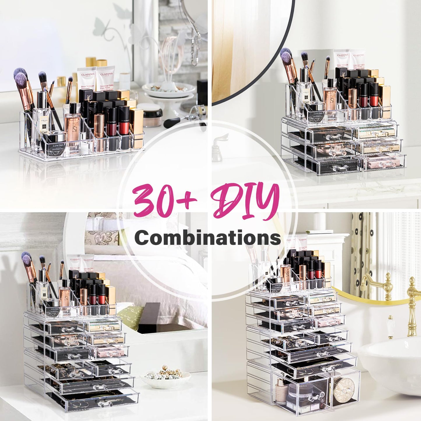 URMOMS Makeup Organizer 4 Pieces, Acrylic Makeup Storage Box with 12 Drawers for Lipstick Jewelry and Makeup Brushes, Stackable Vanity Organizer