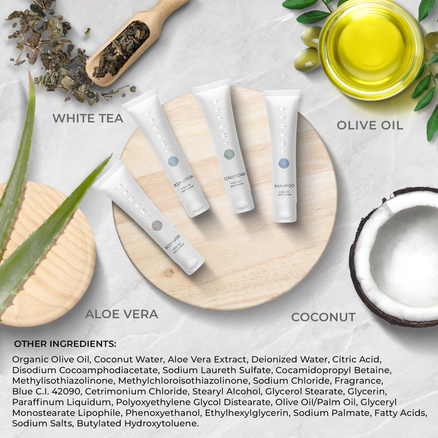 Infuse Pure White Tea and Coconut All-In-Kit Hotel Soaps and Toiletries Bulk Set | 1oz Shampoo & Conditioner, Body Wash, Lotion & 1.25oz Bar Soap |