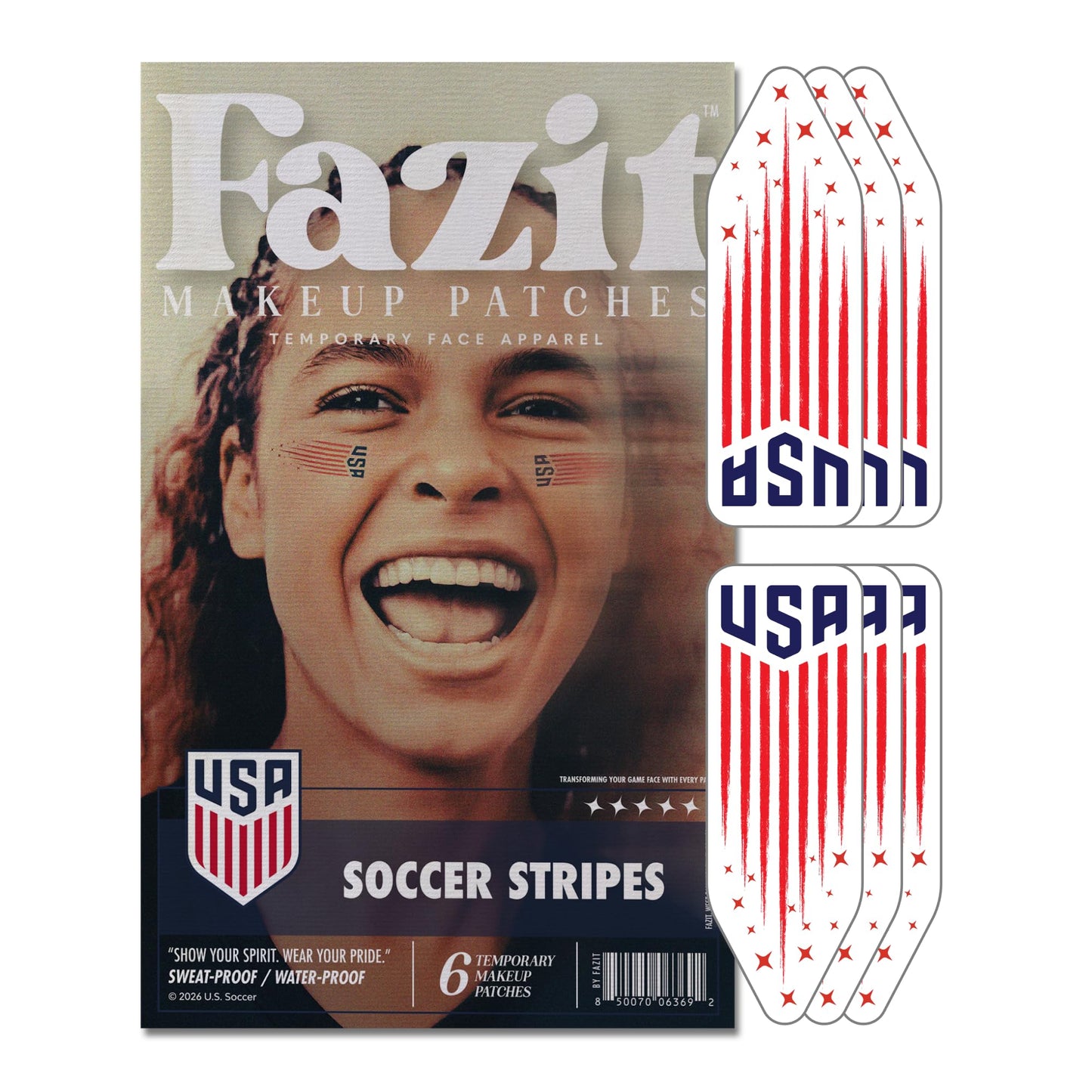 Fazit US Soccer Stripes - Red, Blue & Silver Glitter Makeup Patches - Waterproof & Sweat-proof Face Stickers - Long-Lasting Game Day Glam, USA Spirit