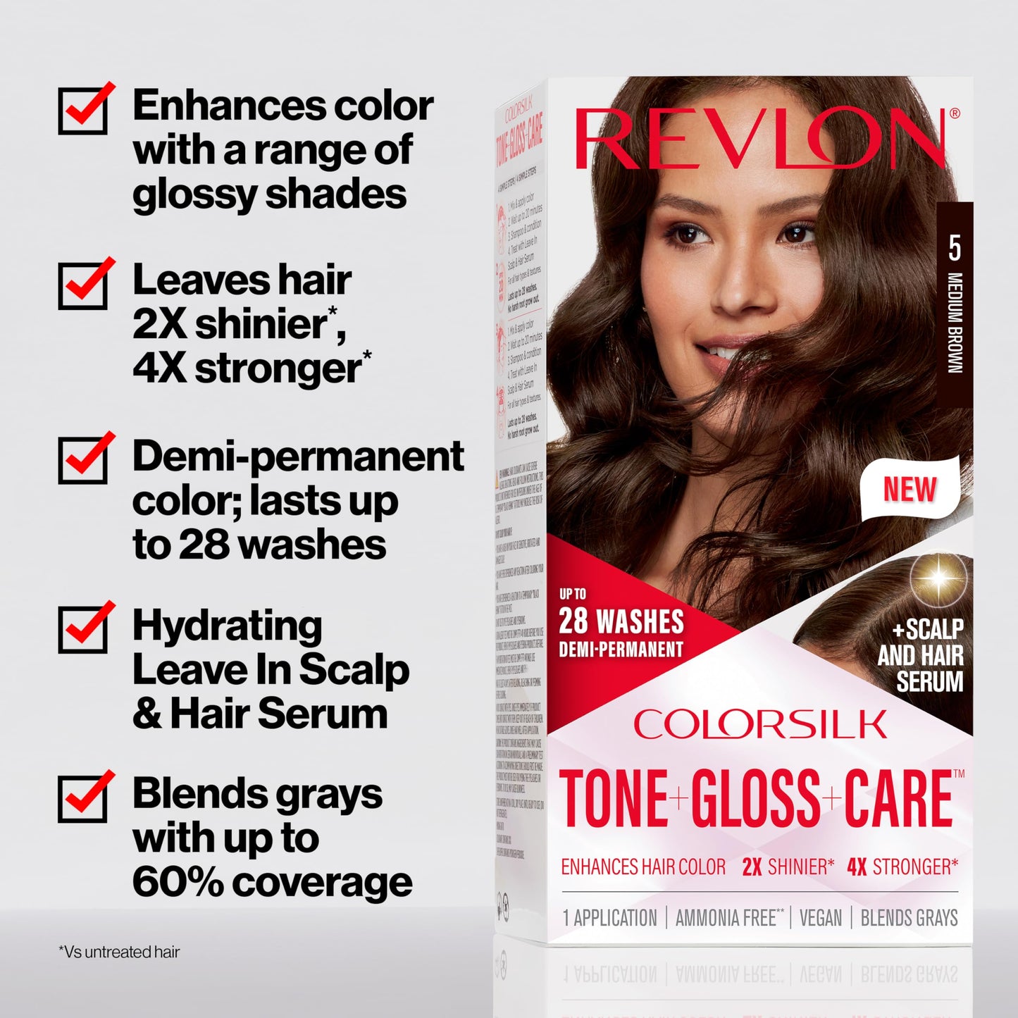 Revlon ColorSilk Tone + Gloss + Care Demi Permanent Hair Color, Dye Kit with Leave-In Scalp and Haircare Serum, 2x Shinier, 4x Stronger, 5A Medium Ash