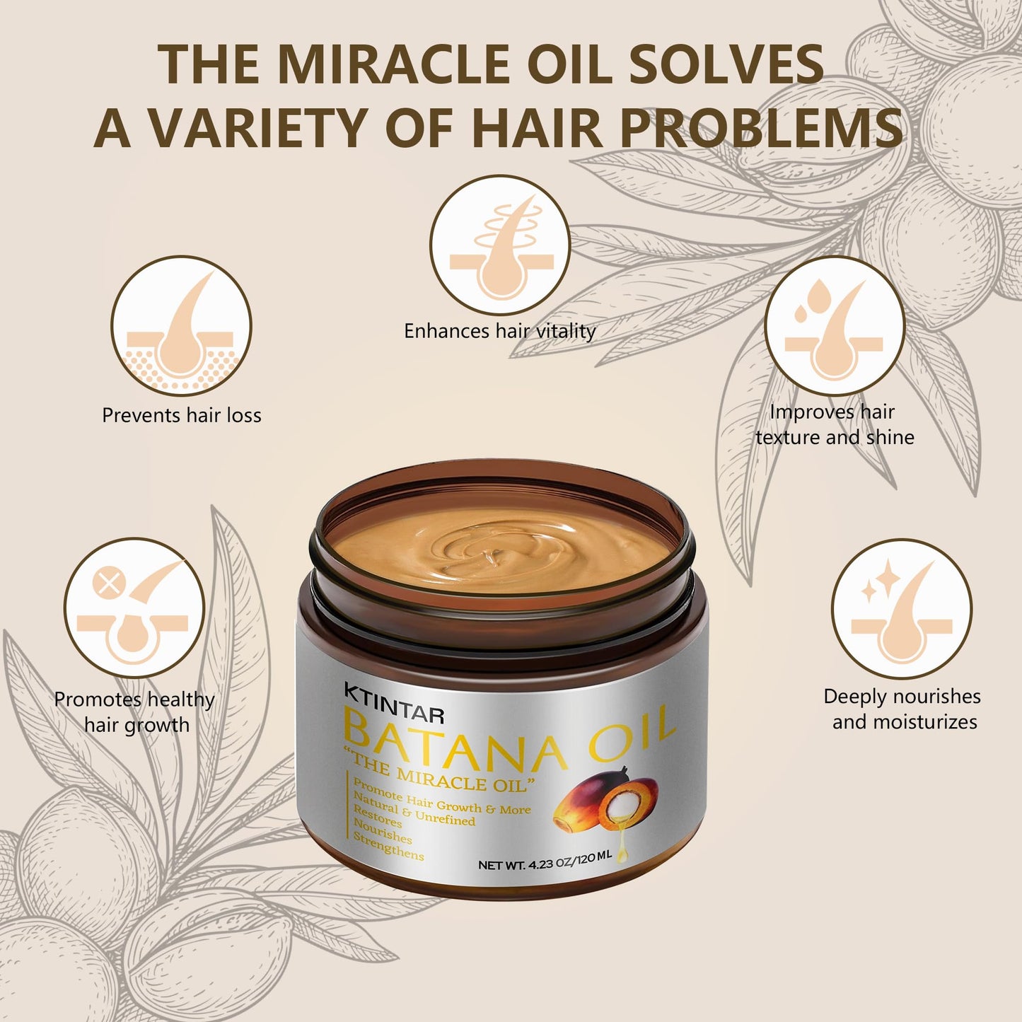 Ktintar 100% Natural Raw Batana Oil for Hair Growth, Unrefined & Organic Dr Sebi Hair Growth Oil From Honduras, Prevents Hair Loss, Eliminates Split