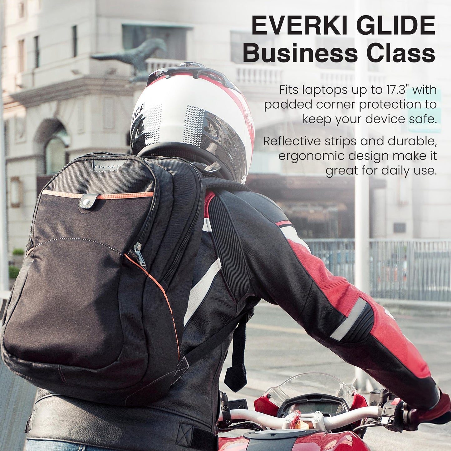 EVERKI Glide 17.3 Inch Laptop Backpack for Men & Women - Heavy-Duty, Water-Resistant Bookbag with Reflective Strips for College, Travel or Motorcycle (Black, EKP129)