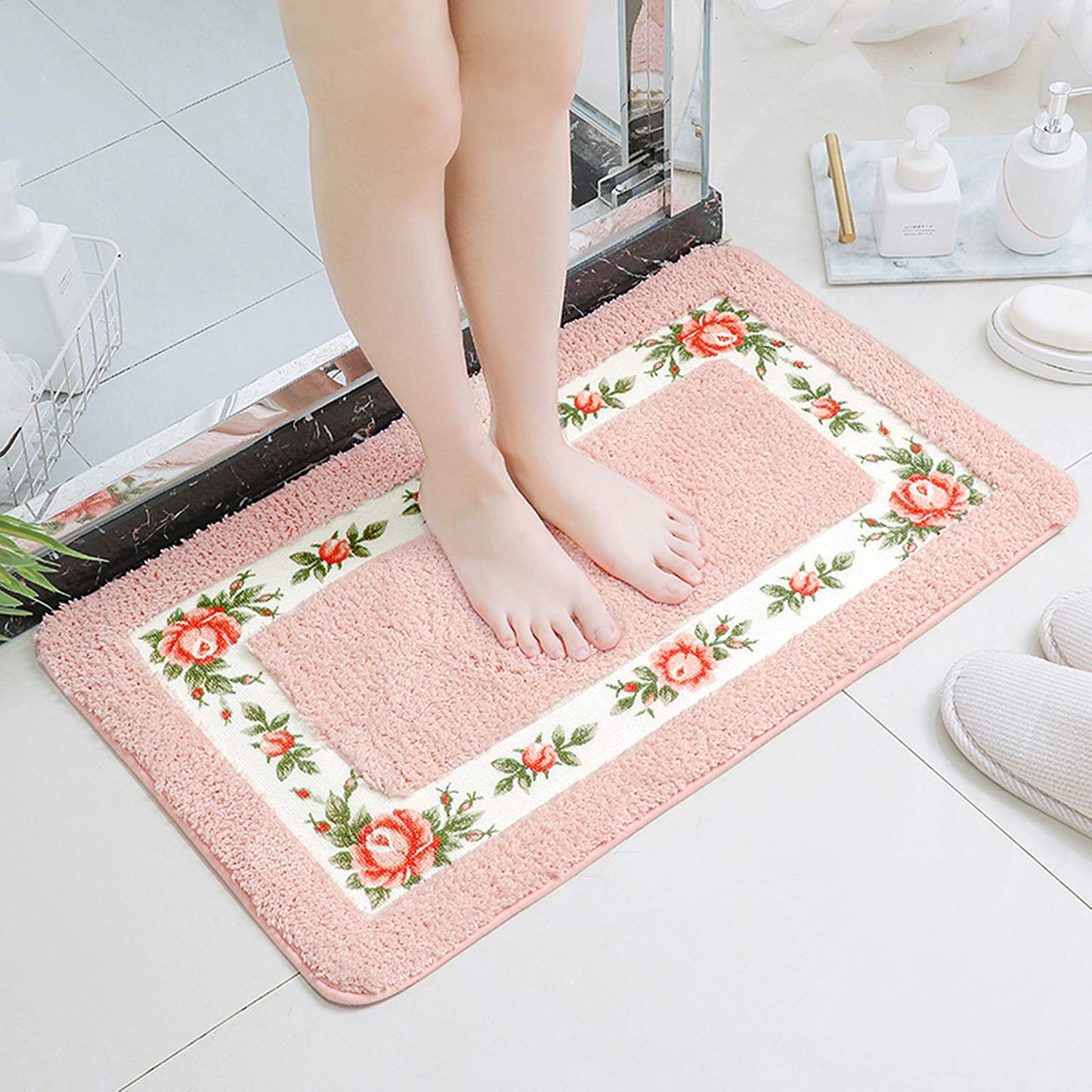 UKELER Non-Skid Floral Rose Bathroom Contour Rugs, Set of 2 Soft Shaggy Non Slip Bath Shower Mat and U-Shaped Toilet Floor Rugs, Pink