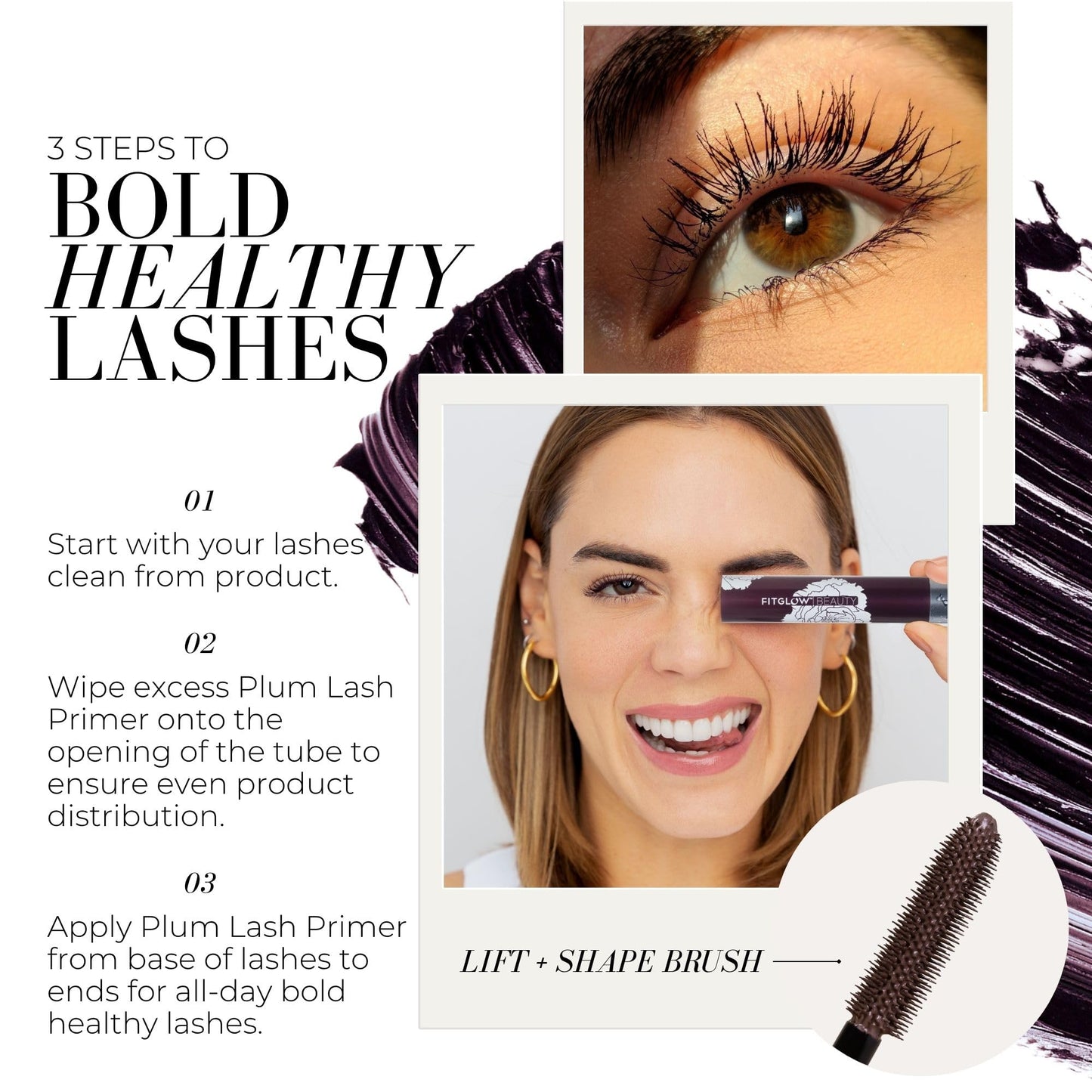 Fitglow Beauty Plum Lash Primer | Vegan Volumizing & Conditioning Eyelash Primer | Unique Purple Hue Blends Seamlessly | Natural Fuller Thicker