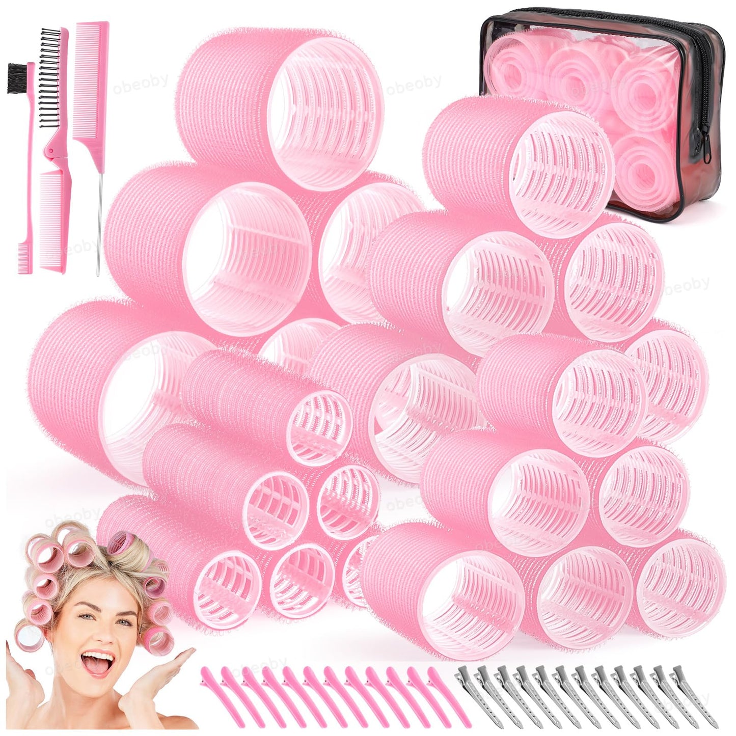 Obeoby 4 Sizes Hair Rollers for Women, Hair Curlers with Clips Comb Curlers for Long Short Curly Hair and Bangs (25, 36, 48, 60mm), Pink Mothers Day Beauty and Personal Care obeoby