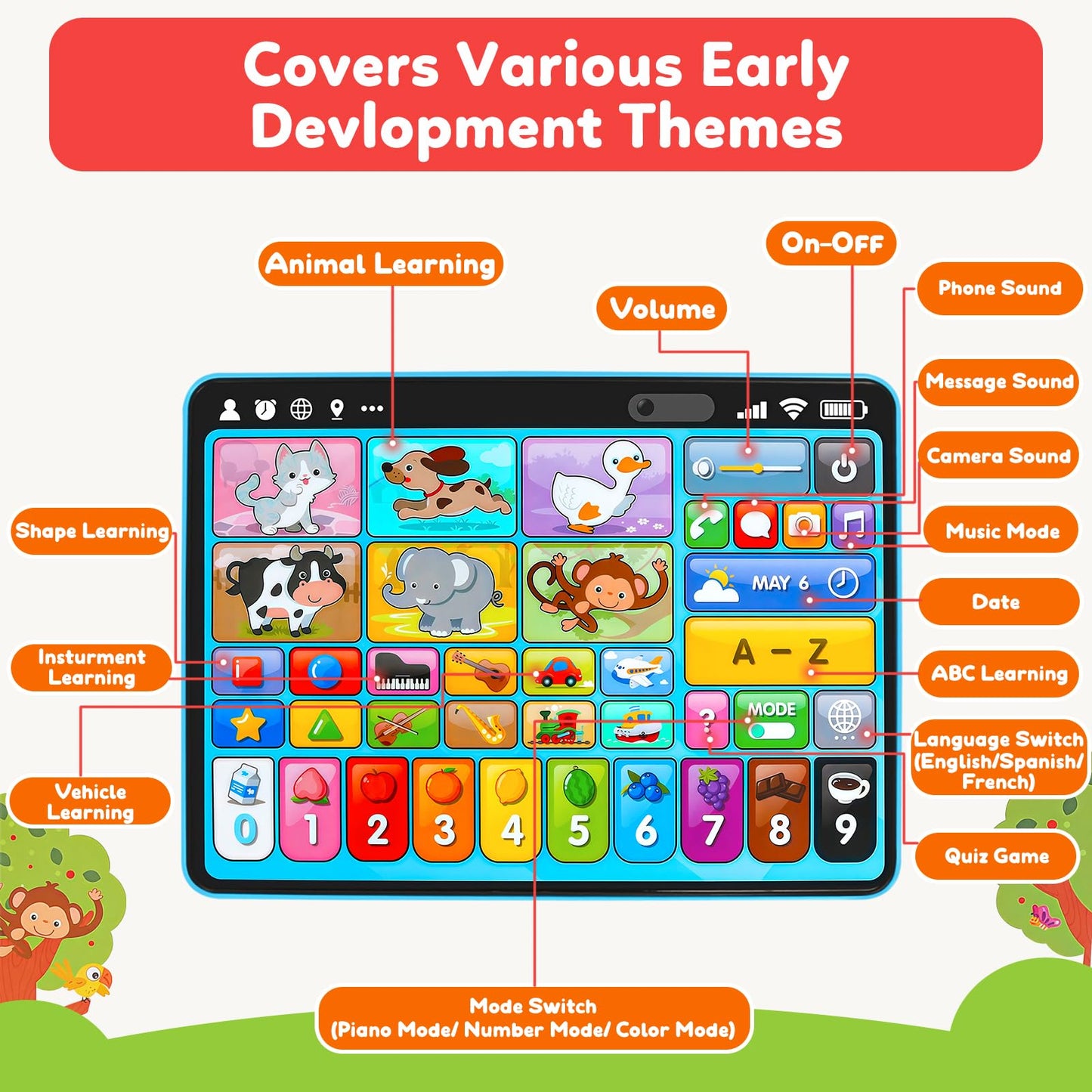 Learning Tablet for Toddlers 1–3 | Trilingual Musical Toy with Sounds & Speech Therapy | Montessori Educational Gift for Boys & Girls 12–36M