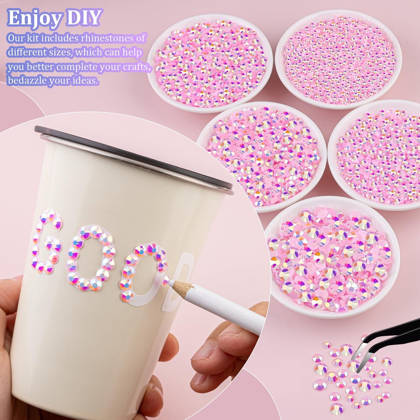 25000Pcs Resin Rhinestones for Crafting, Light Pink AB 2-6mm Mixed Sizes Non Hotfix Flatback Gems with 1Pcs Glue, Bedazzling Crystal for DIY Craft Beauty and Personal Care TINKRSTUFF