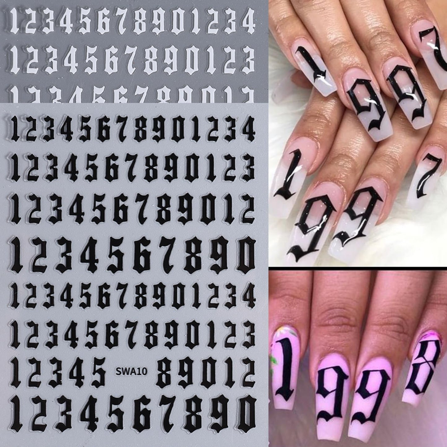 Letters Nail Art Stickers Decals 12 Sheets Alphabet Initial Nail Decals 3D Self-Adhesive White Black Gold Old English Gothic Letter Sticker for Nails Beauty and Personal Care STZPRONAIL