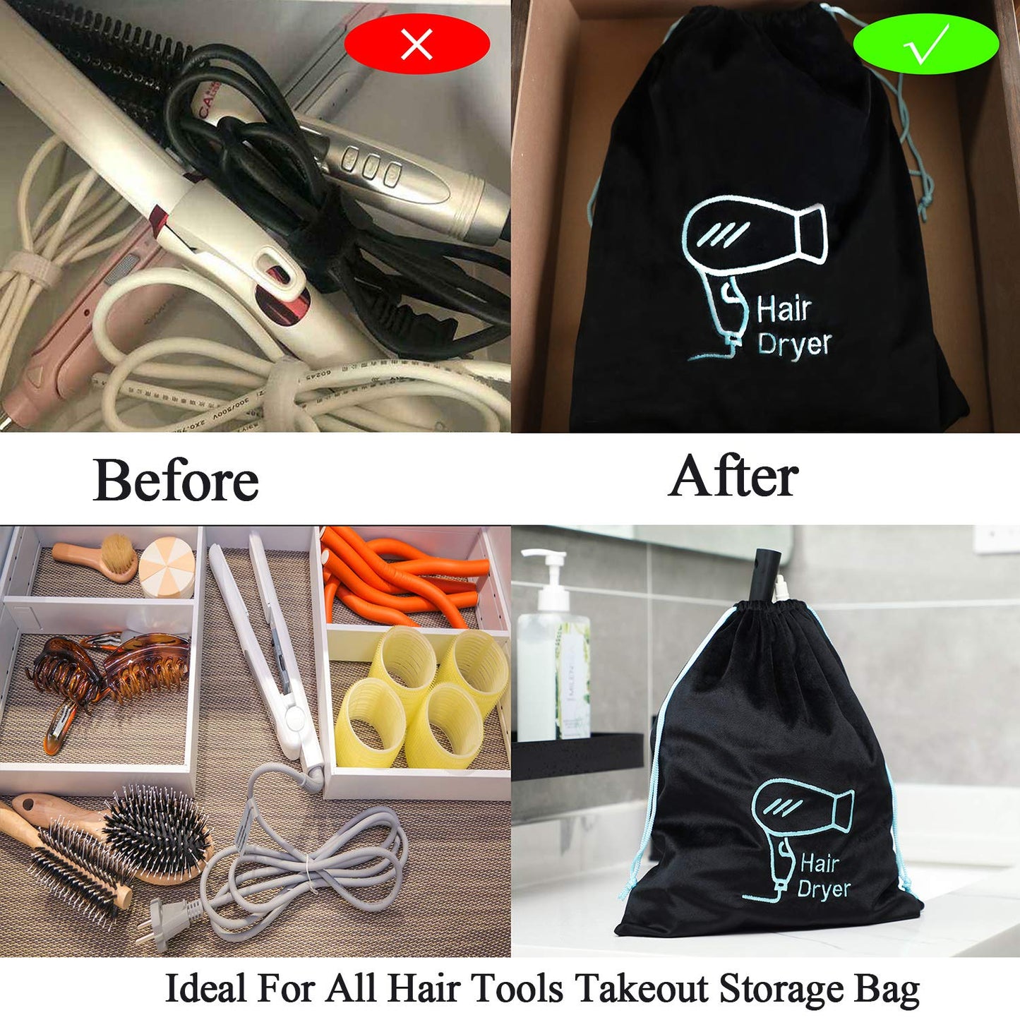 AKLVBL Hair Dryer Bag 11.8’’x 14’’ Storage Organizer Bag For Hairdryer and All Hair Tools With Drawstring, Ideal for Travel, Gym, Hotel or Home Use