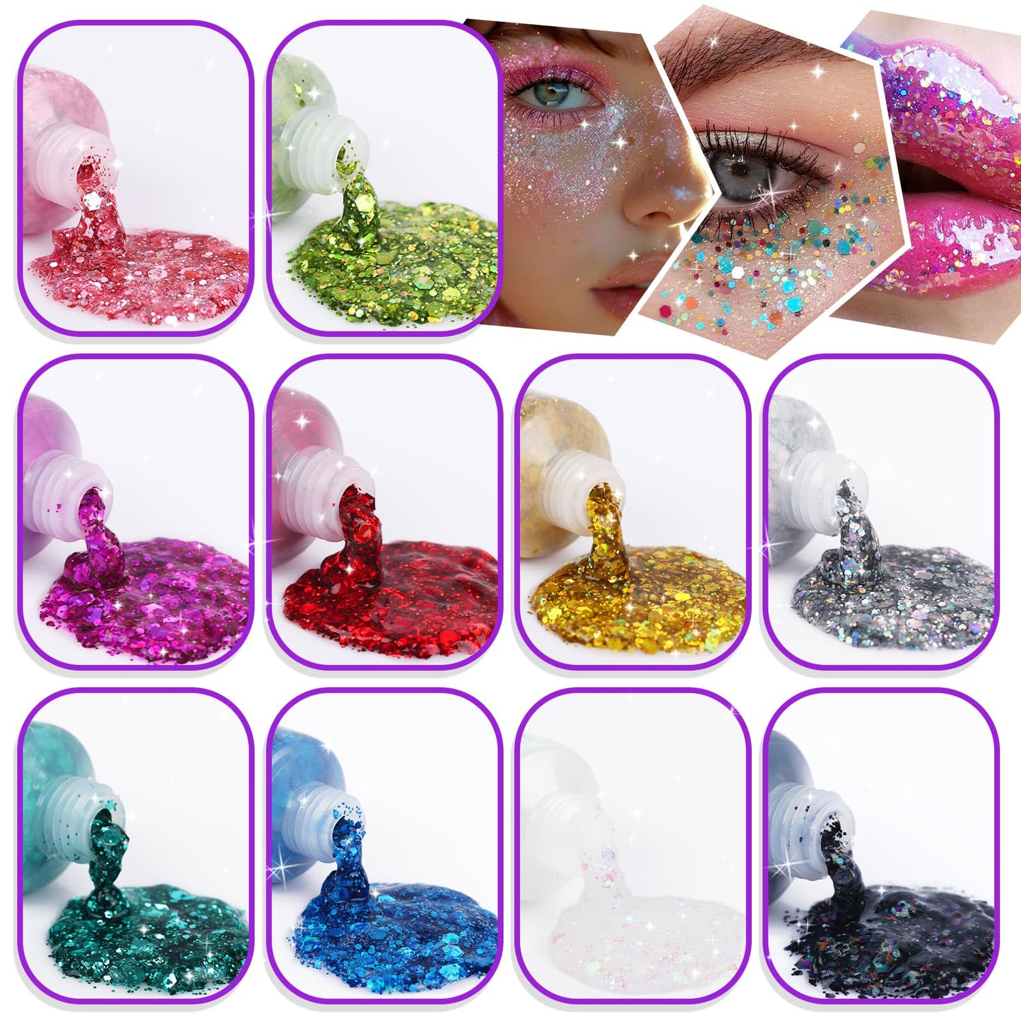10 Colors Body Glitter,Face Glitter Makeup for Kids Women,Sparkly Chunky Hair Glitter for Eye Lip Hair Nails,Mardi Gras Glitter Makeup Face