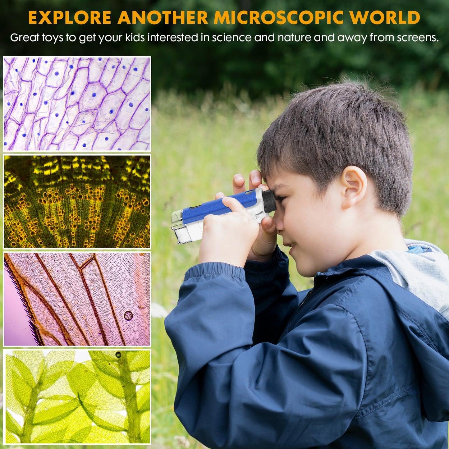 FUICZSN Portable Handheld Mini Microscope for Kids, 100x-250x Zoom with LED Lights, Alloy Pocket Microscope for Boys & Girls, Educational Science Kit (Blue)