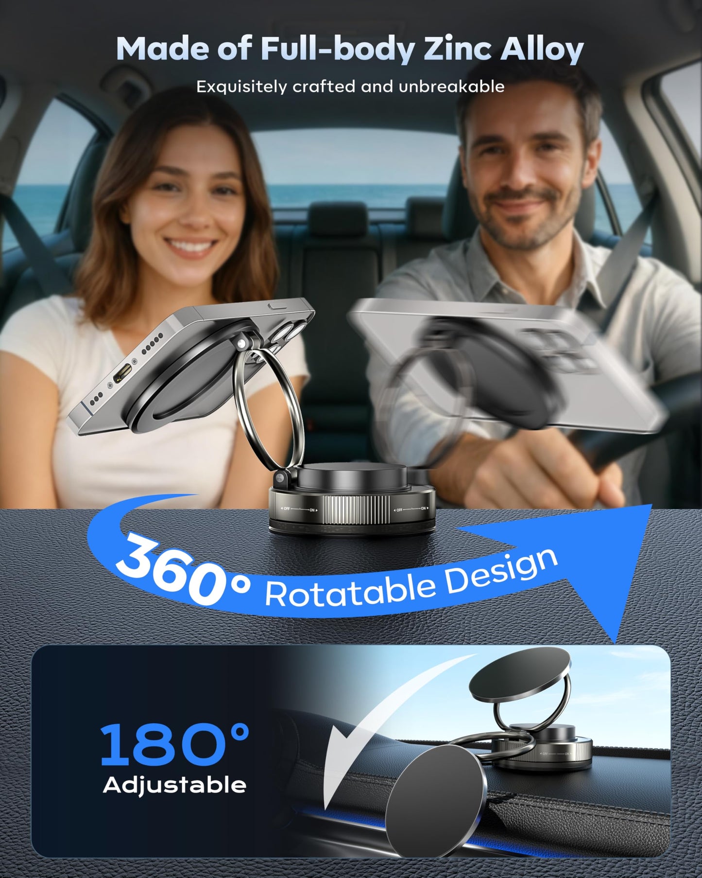 Vacuum Magnetic Phone Holder for Car,2800gf Strong Magnetic Phone Mount,360° Adjustable & Reinforced Suction Cup for Dashboard/Mirror,Car Phone…