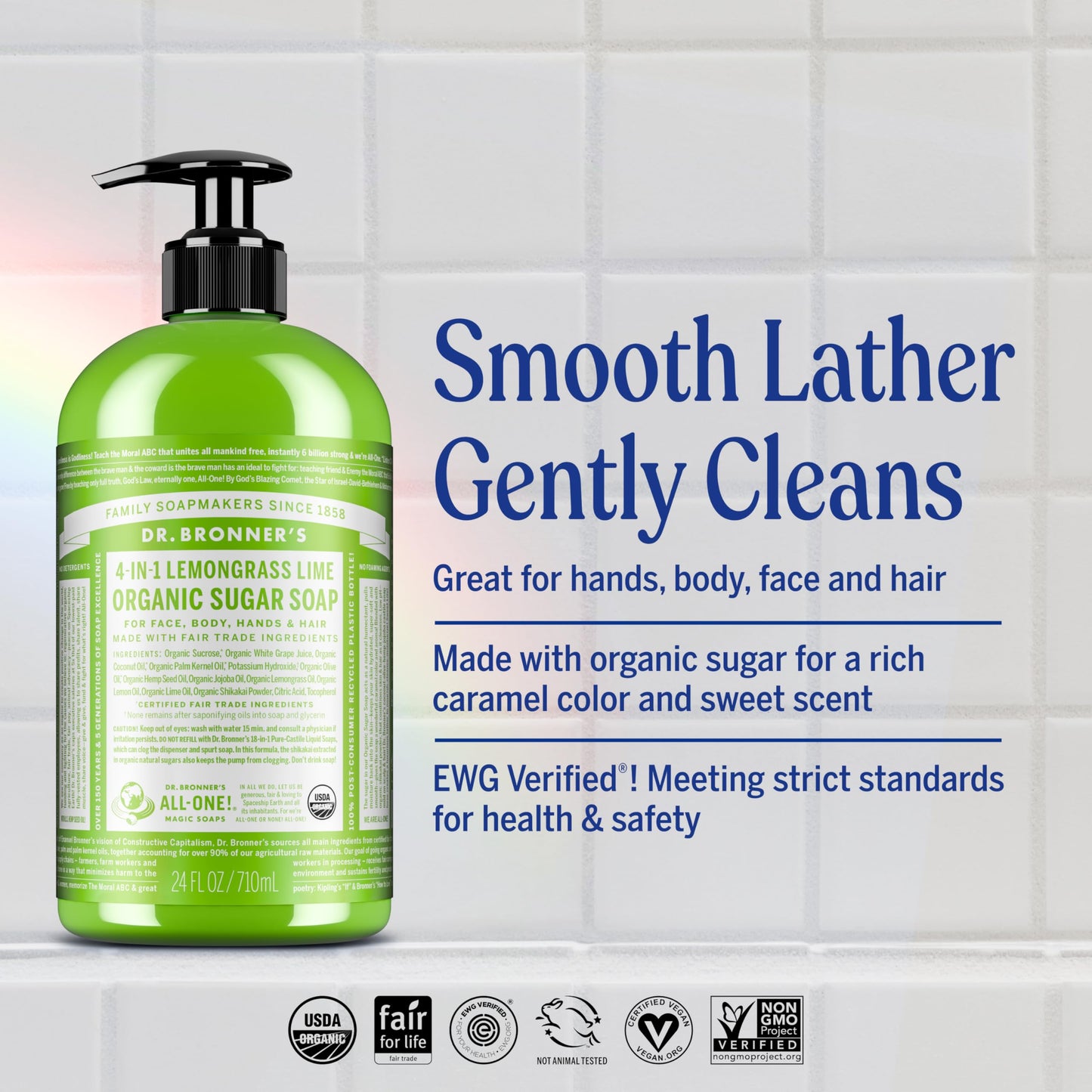 Dr. Bronner's - Organic Sugar Soap (Lemongrass, 24 Ounce) - Made with Organic Oils, Sugar and Shikakai Powder, 4-in-1 Uses: Hands, Body, Face