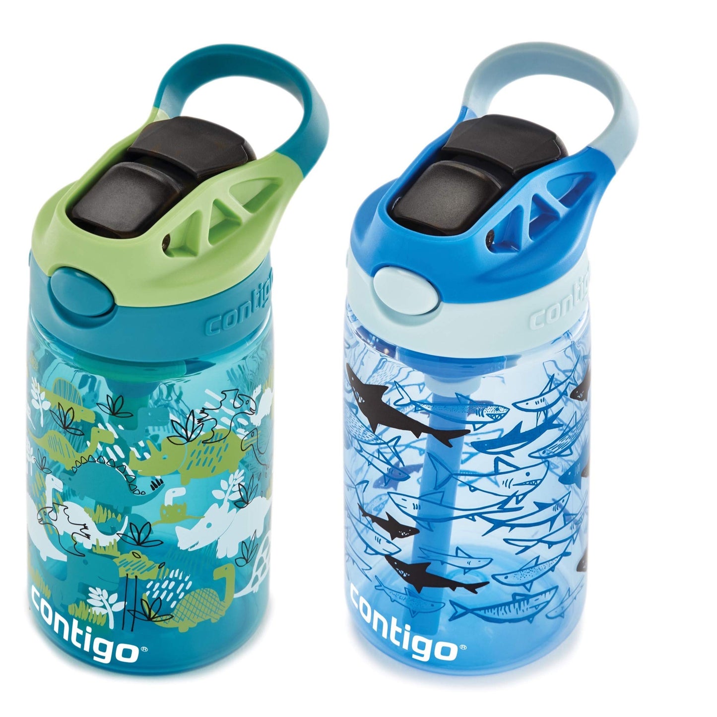 Contigo Aubrey Kids Water Bottle, 2-Pack, 14oz, Dinos & Sharks, Spill-Proof Lid, Dishwasher Safe, Blue & Green