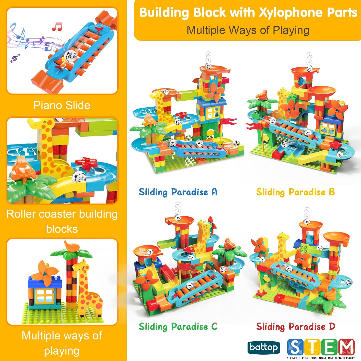 BATTOP Marble Run 167pcs Big Block Set – STEM Race Track Building Toy with 4 Balls for Kids Ages 4-8, Fun Christmas Gift for Boys & Girls