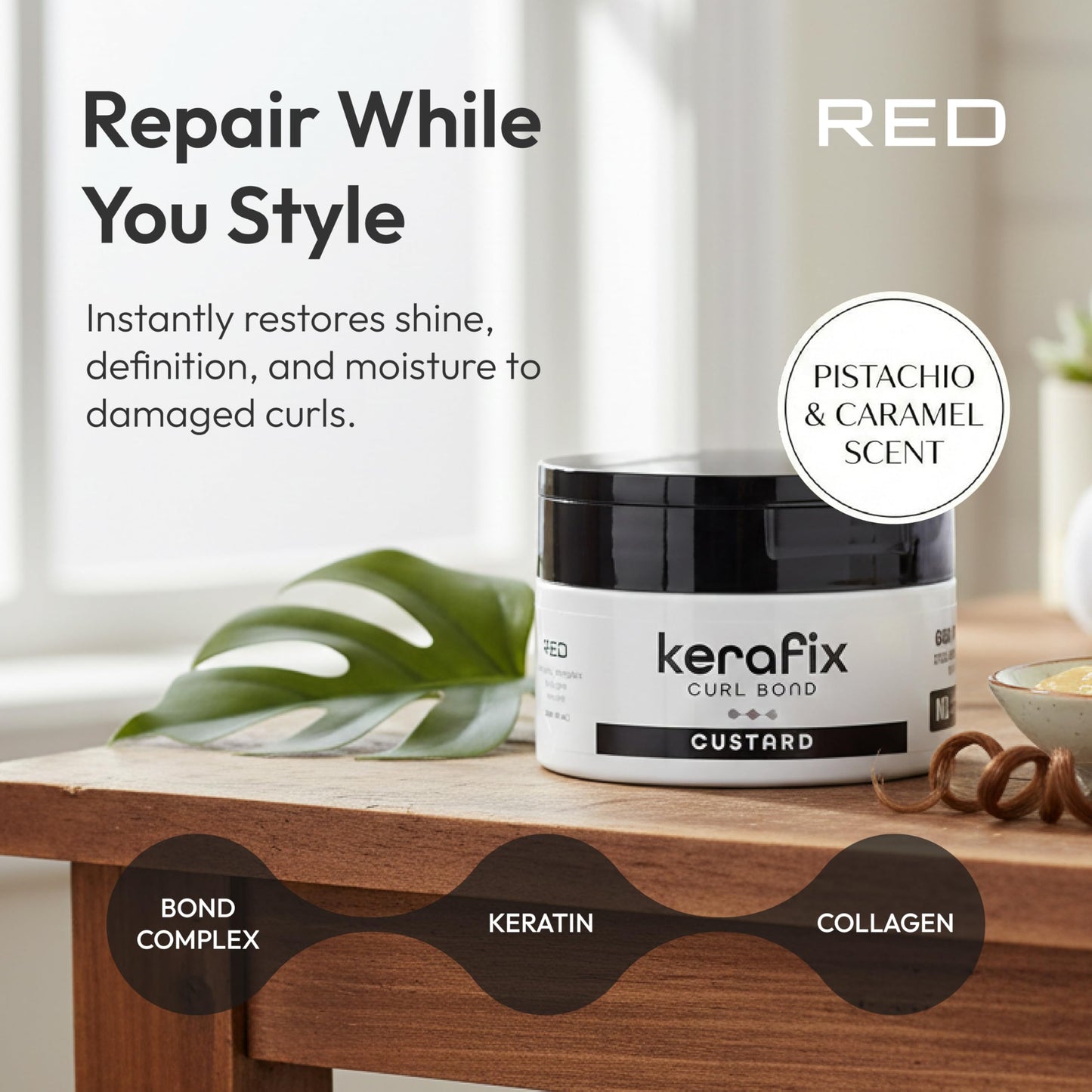 Red by Kiss Kerafix Curl Bond Custard (8 Fl Oz), Curl Defining Cream for Curly Hair & All Textures, Anti-Frizz Bond Repair Enhance Shape, Boost Shine