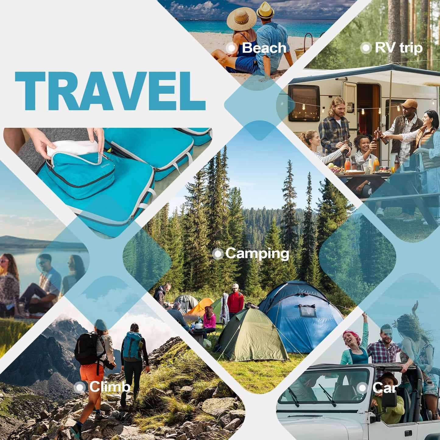 Gonex Compression Packing Cubes, 4pcs Expandable Storage Travel Luggage Bags Organizers (Blue)