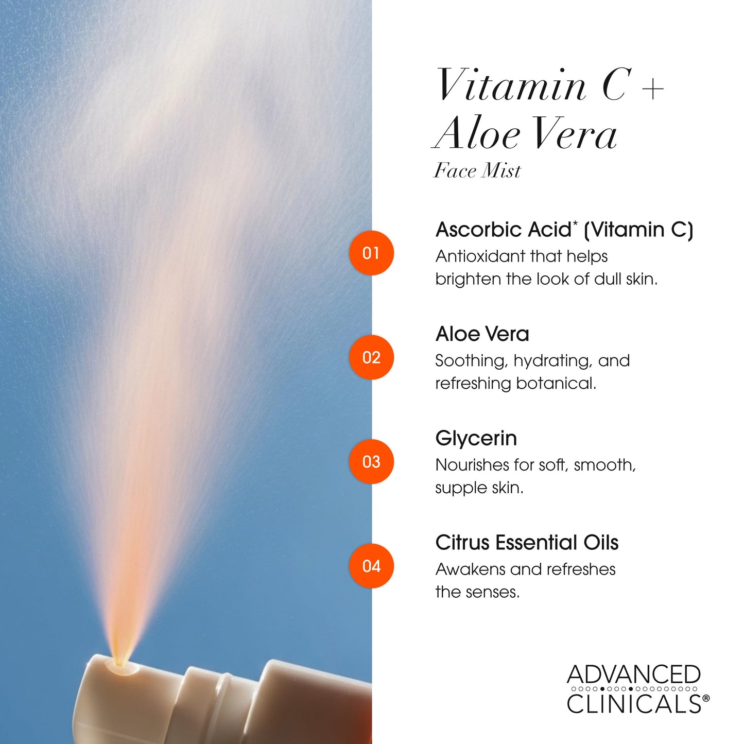 Advanced Clinicals Vitamin C Face Toner + Ferulic Acid & Rosewater, Antioxidant Facial Mist Spray For Face, Skin Refreshing, Hydrating, & Non-Greasy