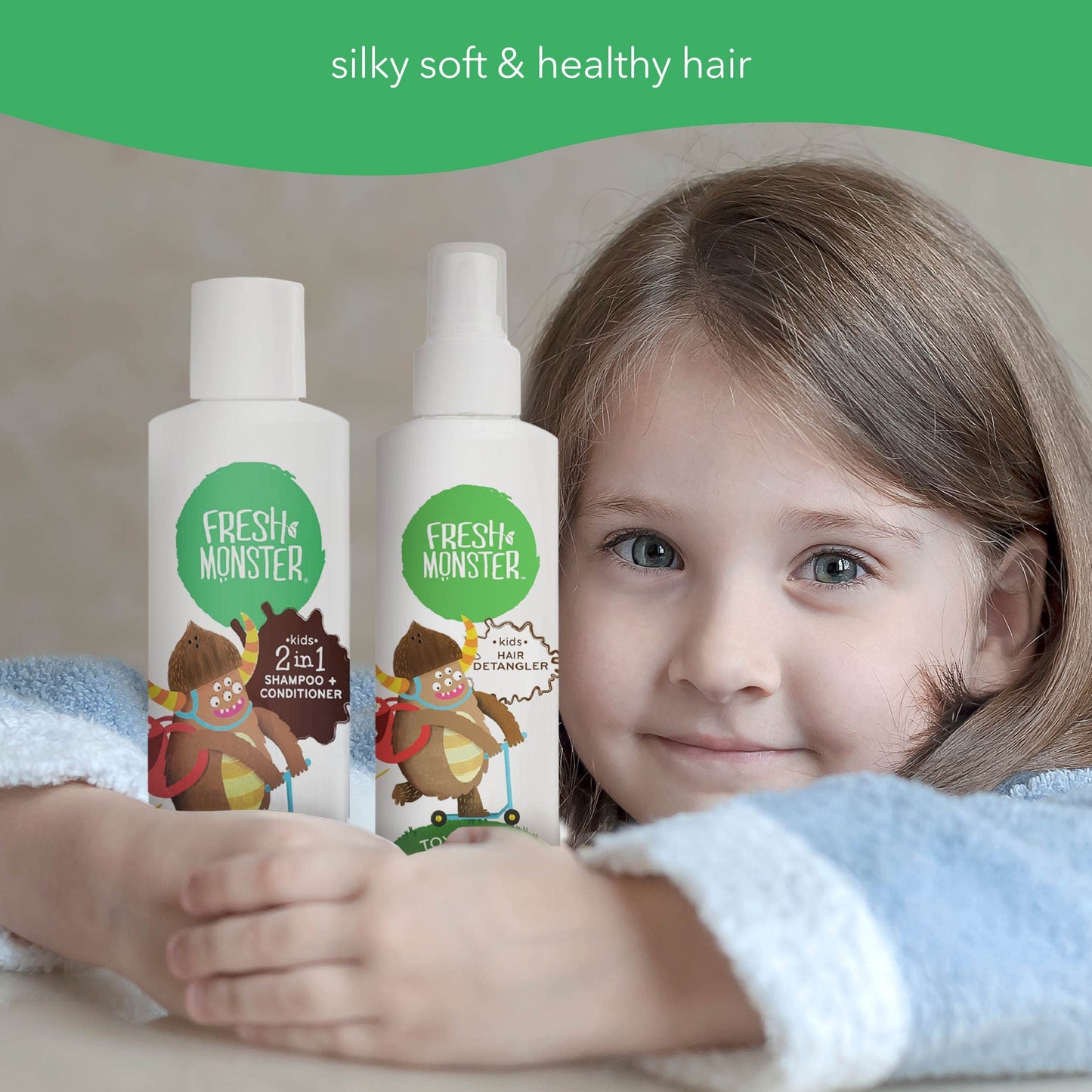 Fresh Monster Hair Detangler Spray & 2-in-1 Shampoo & Conditioner, Coconut, Toxin-Free, Hypoallergenic & Natural (8.5 oz each)