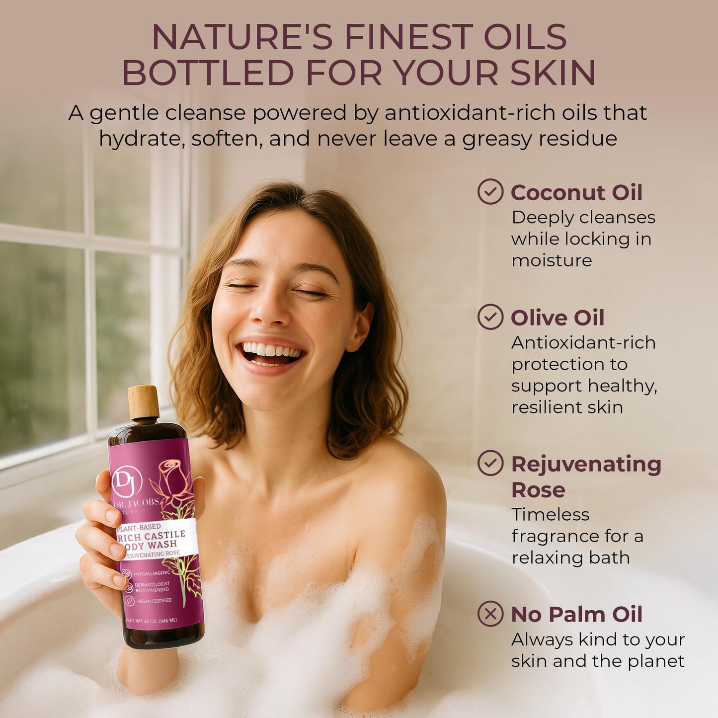Dr. Jacobs Naturals Castile Rose All-Natural Body Wash for Moisturizing Dry and Sensitive Skin Shampoo with Plant-Based Ingredients Gluten