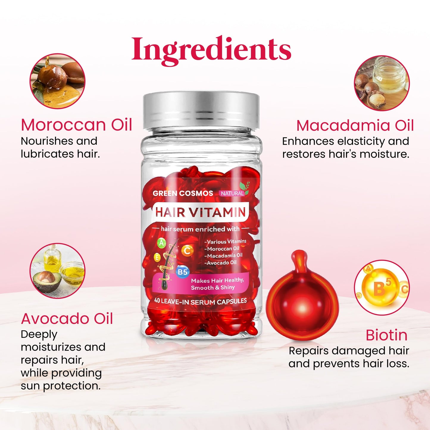 Green Cosmos Hair Vitamin Treatment & Moisturizing Oil Capluse with Avocado, Macadamia & Moroccan Oil for Dry and Damaged Hair - Leave-in Anti Frizz