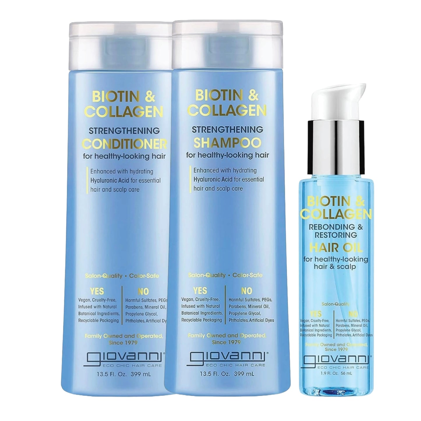 GIOVANNI Biotin & Collagen Bundle - Hair Oil, Shampoo, & Conditioner, Vegan, Cruelty-Free, Infused with Natural Botanical Ingredients, Salon-Quality