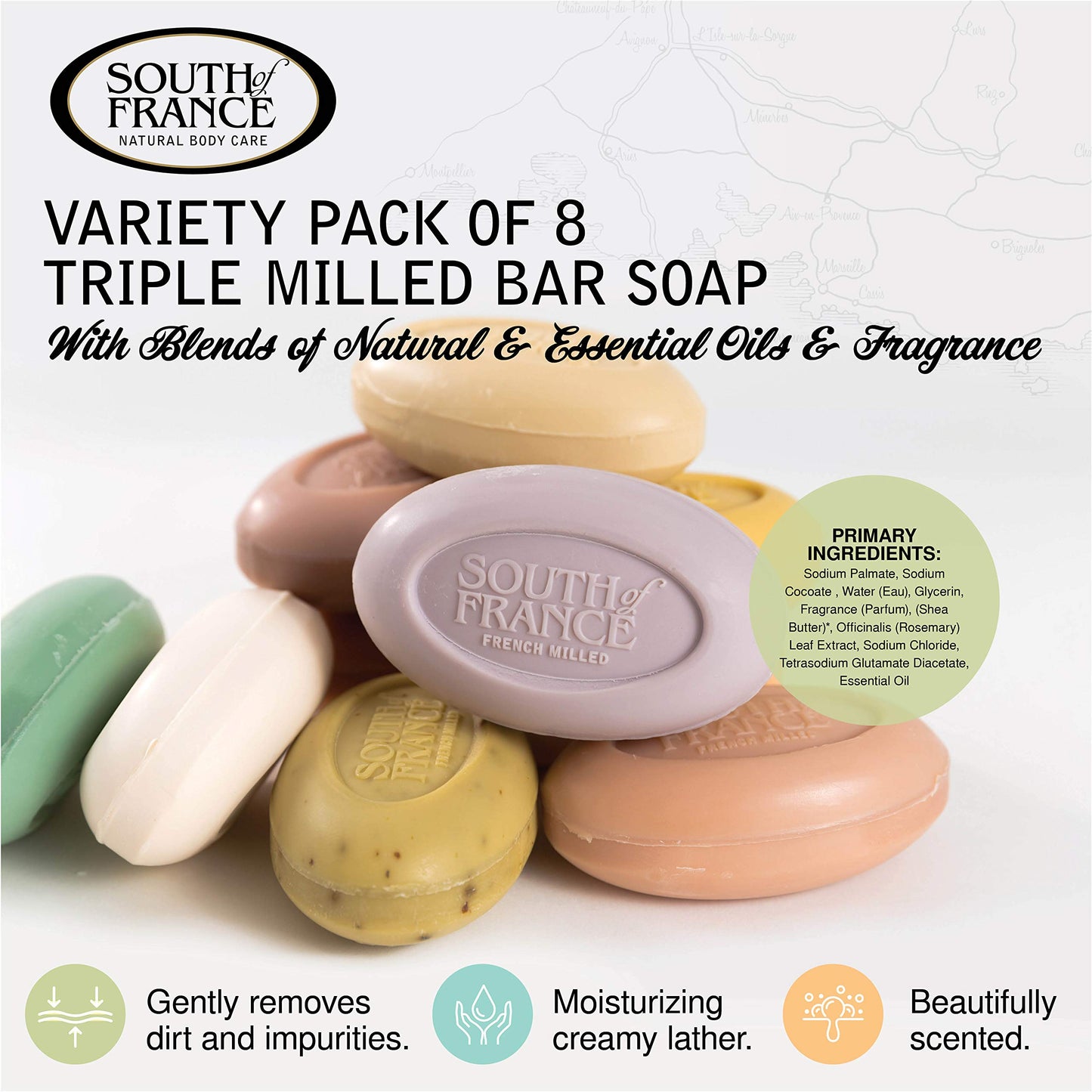 South Of France Natural Body Care Triple Milled Large 6OZ Bar Soap (Variety Pack 1, 8 Bars)