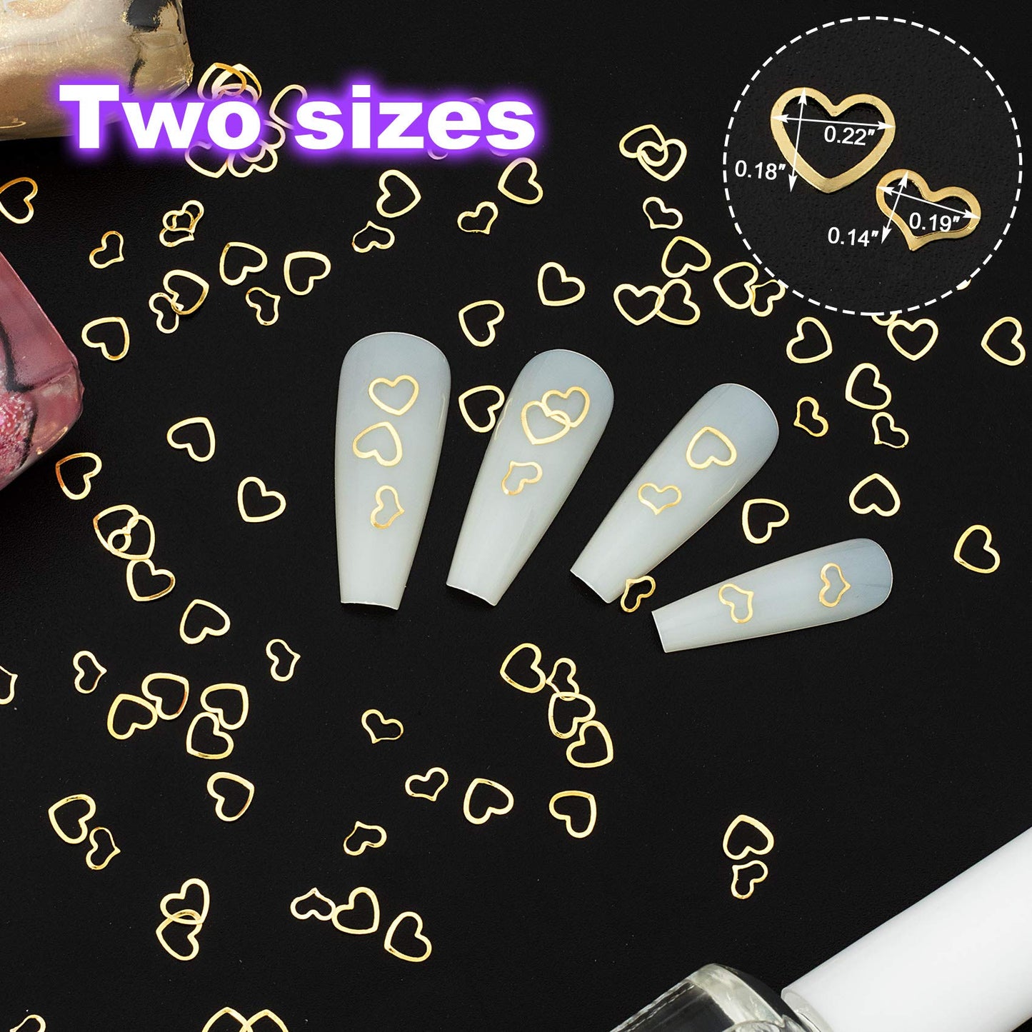 PAGOW 1000pcs 3D Gold Heart Nail Art Metal Charm Kit Love Small Metallic DIY Studs Sequins Valentine Decoration Spring Summer Accessories Gift