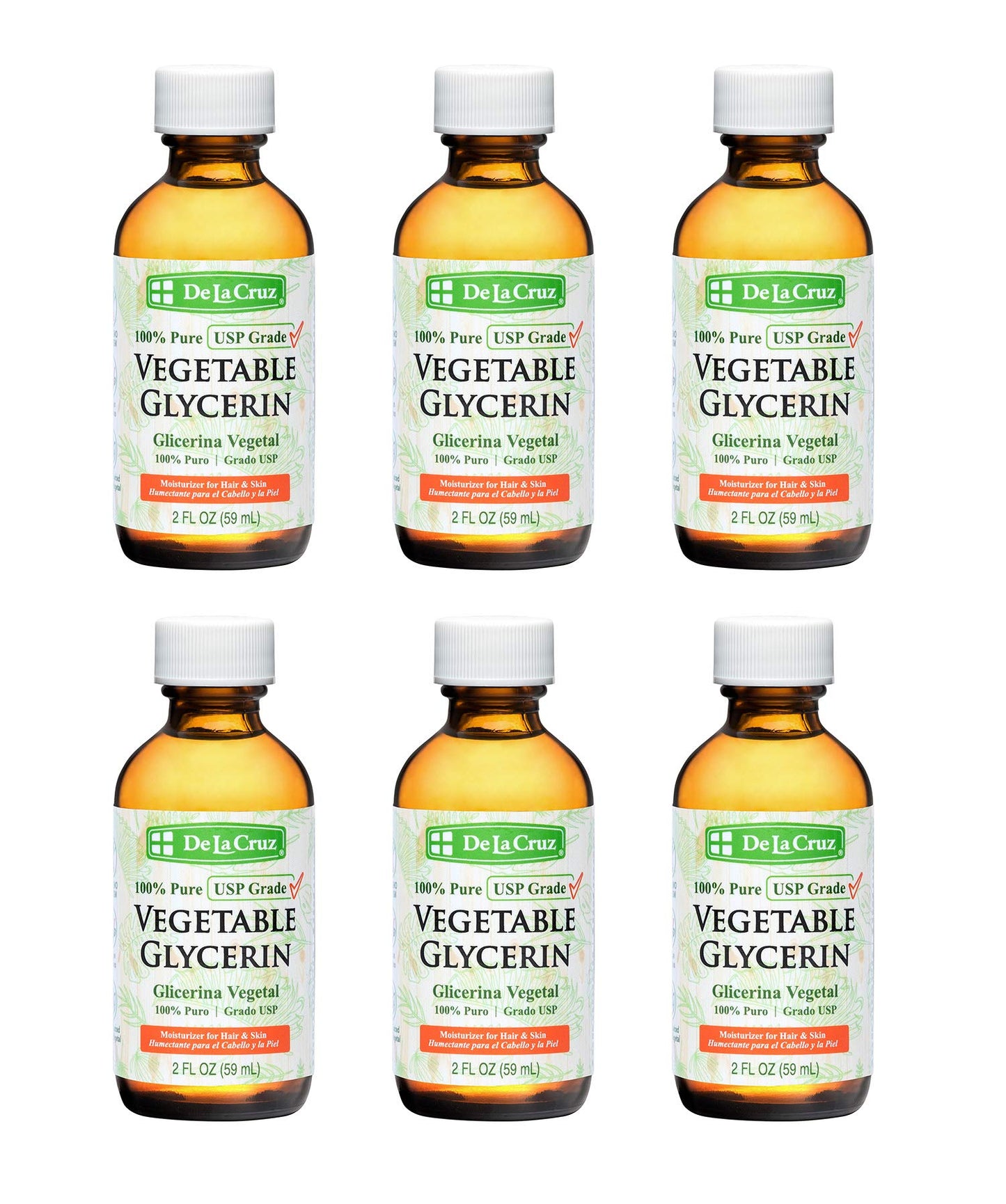 De La Cruz Vegetable Glycerin, 100% Pure Liquid Glycerine USP Grade for Hair, Skin and DIY Projects 2 FL. OZ. (6 Bottles)