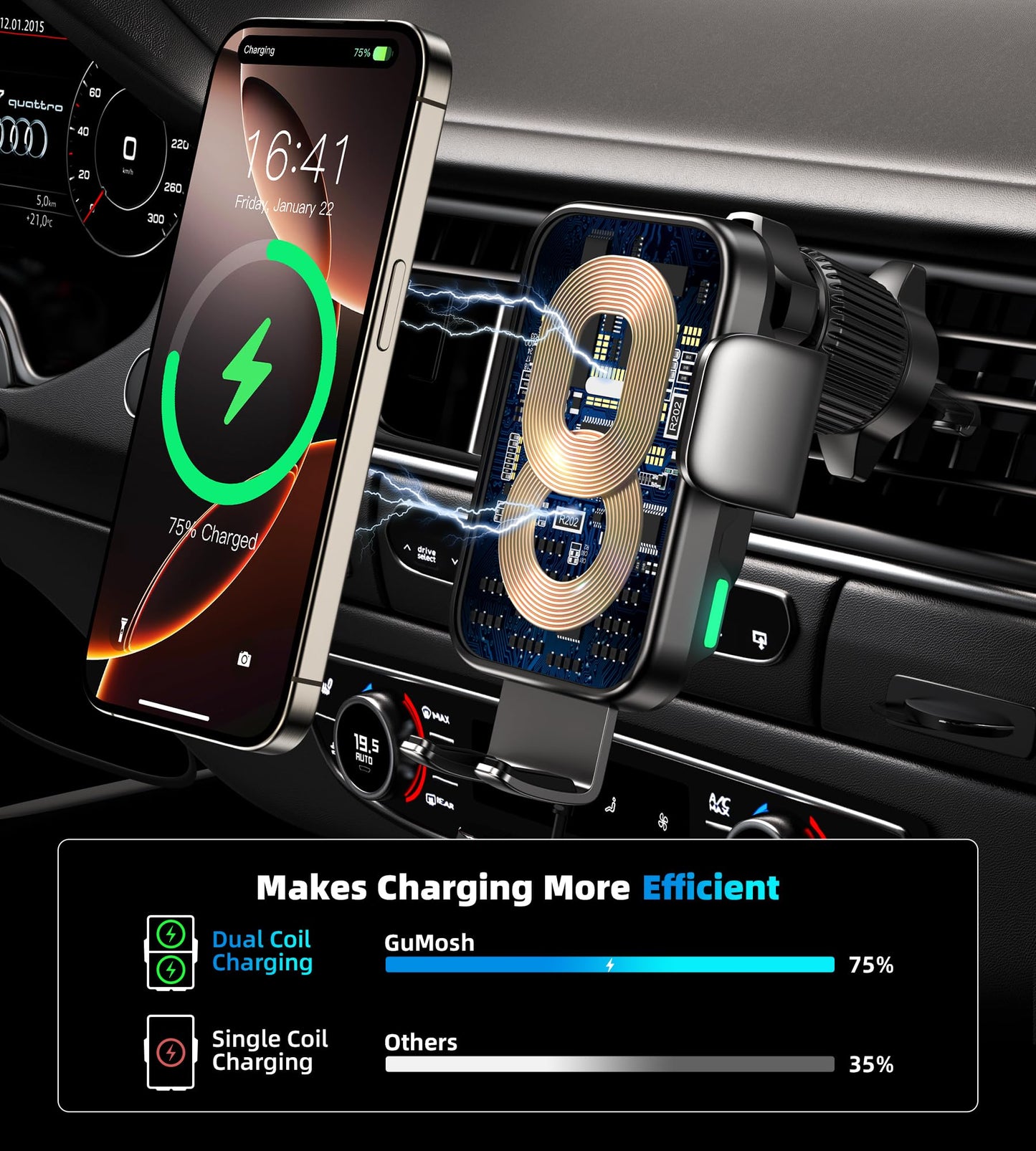 Dual Coil 15W Cup Phone Holder Mount,Wireless Car Charger Auto-Clamping Fast Charging Vent Phone Holders for Your Car for iPhone 17/16/15,Samsung…
