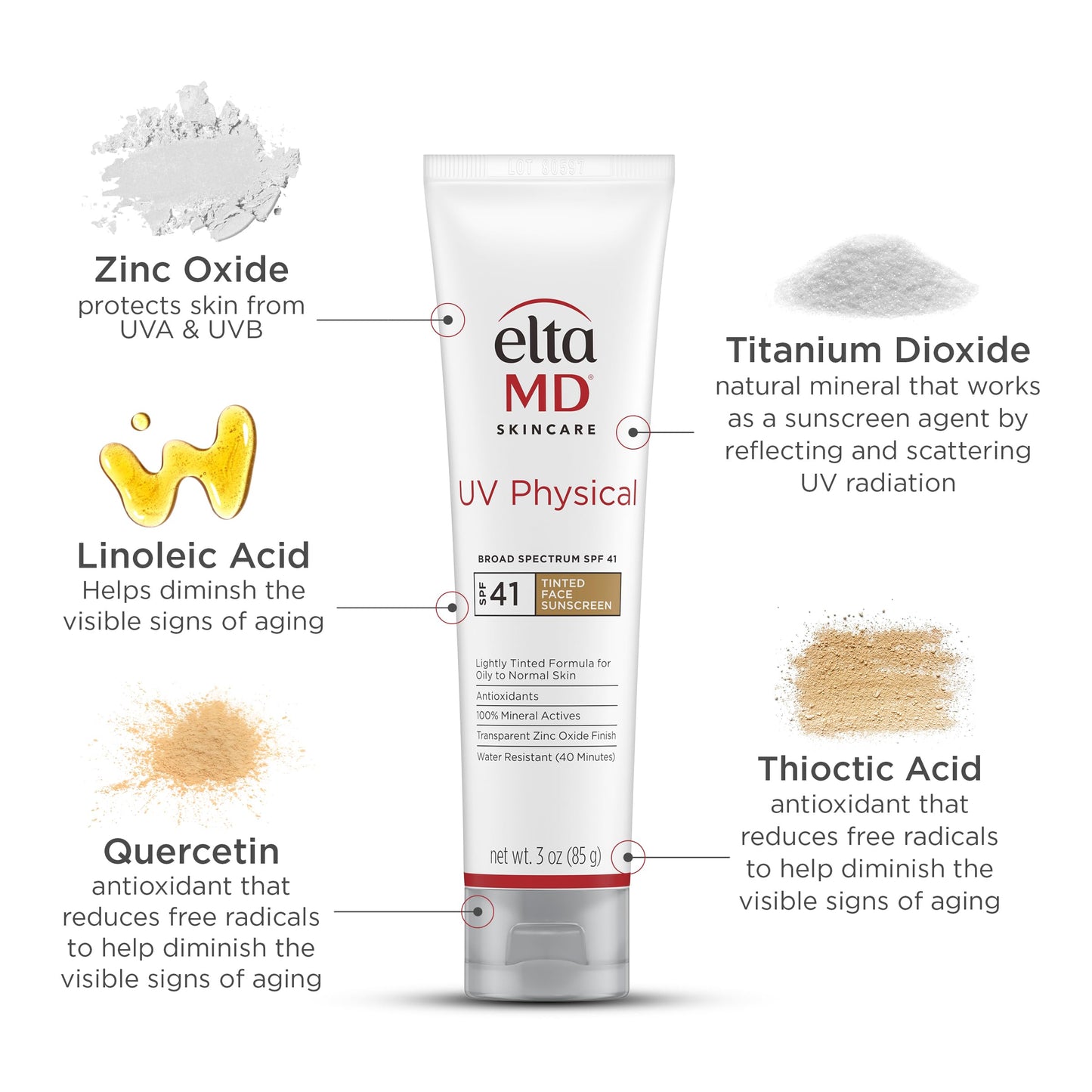 EltaMD UV Physical Tinted Mineral Sunscreen for Face SPF 41, 100% Mineral Actives Tinted Face Lotion, Water Resistant, Paraben-Free, Transparent Zinc