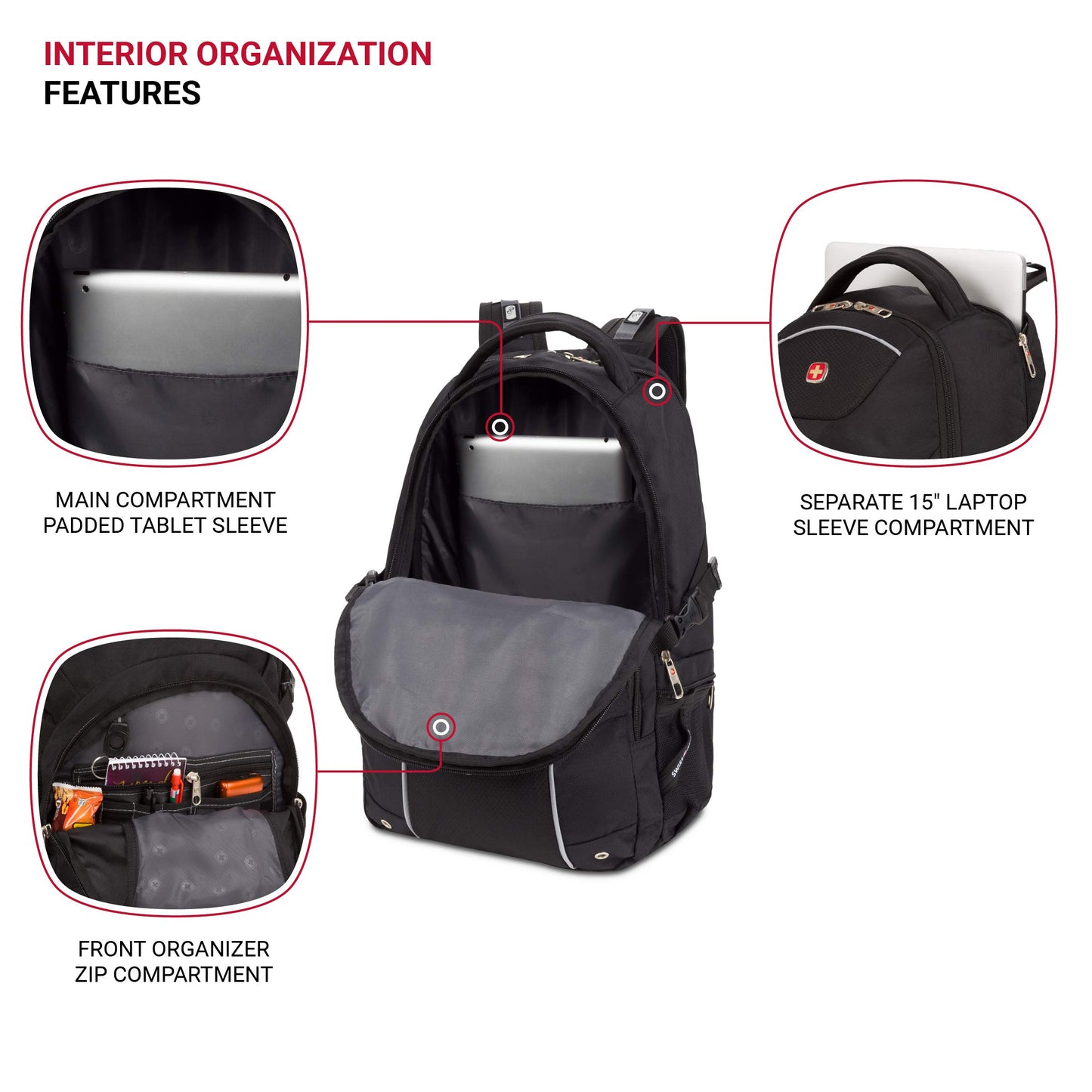 SwissGear 3258 Laptop Backpack, Fits Most 17 Inch Laptops, Secure Computer Sleeve for Travel, Work, School, Men's and Women's - Black