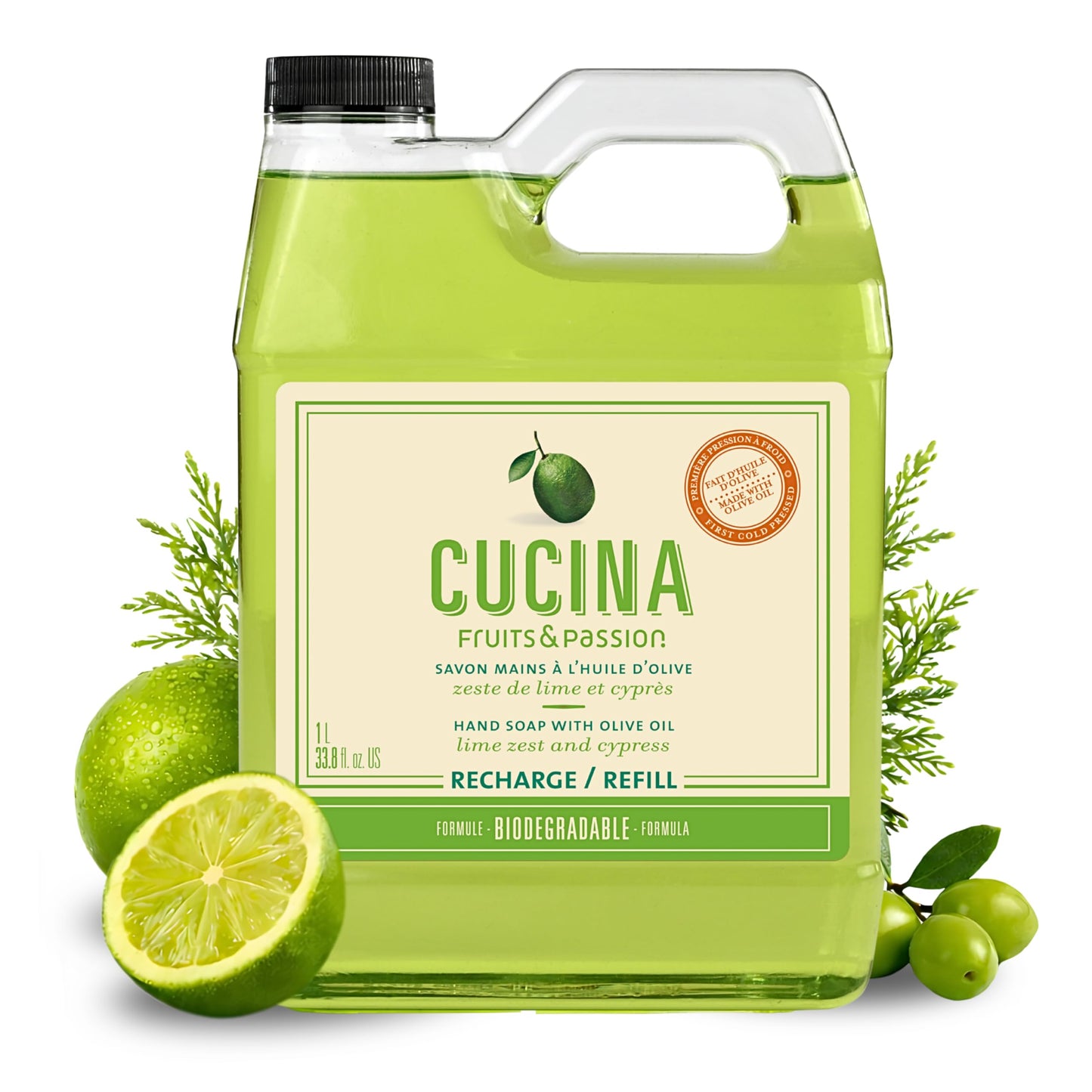 Cucina Fruits & Passion Hand Soap Refill, Lime Zest & Cypress, 1 L (33.8 fl oz), Liquid Hand Soap with Moisturizing Olive Oil, Biodegradable, Vegan