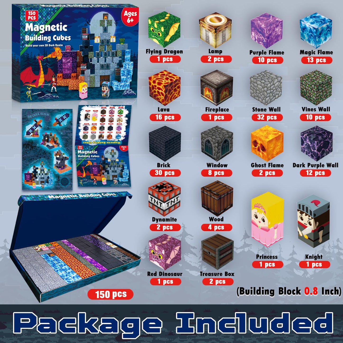 GraceDuck Magnetic Blocks 150pcs – Build Dark Castle & Sword World, STEM Montessori Construction Cubes for Kids Ages 6-10