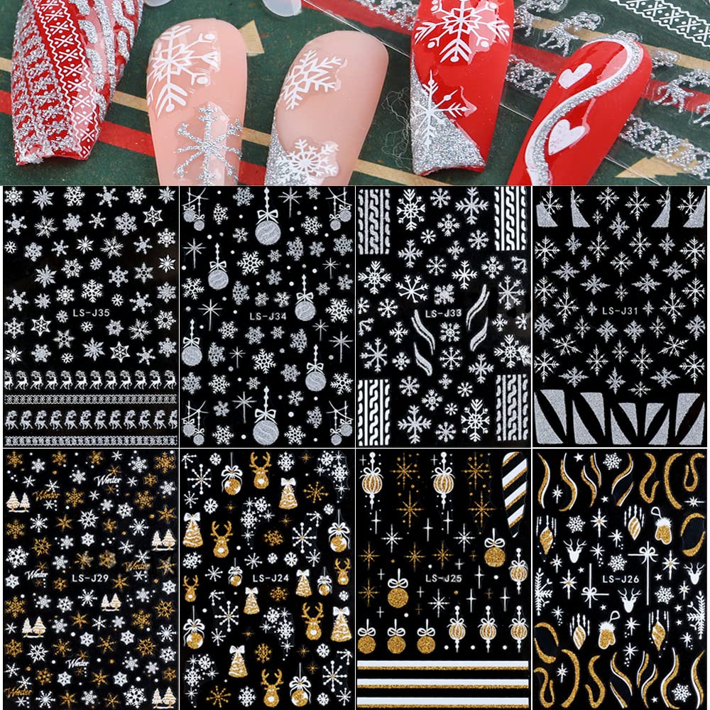 Christmas Nail Art Stickers, Snowflake Nail Decals 3D Self-Adhesive Gold Silver White Snowflake Elk Bell Xmas Tree Winter Nail Design DIY Christmas