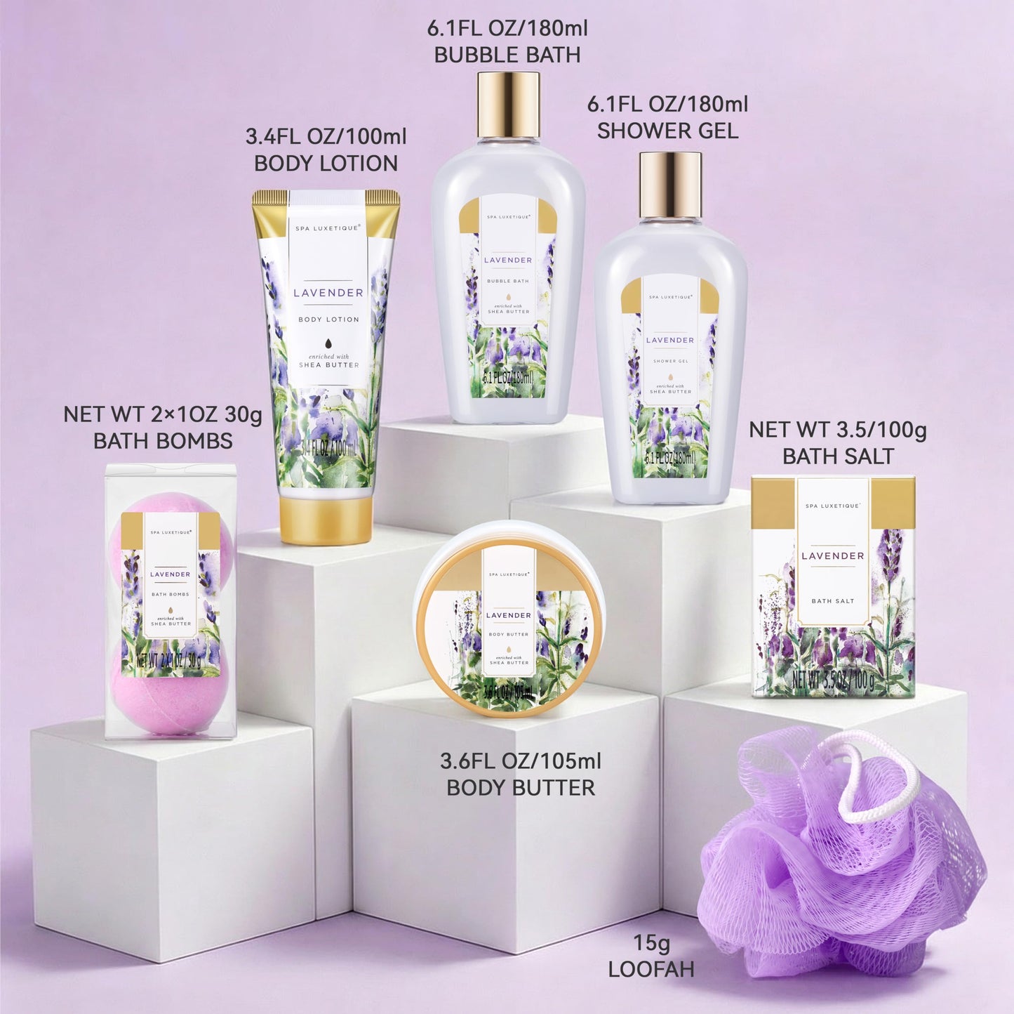 spa luxetique Spa Gift Baskets for Women, 8 Pcs Lavender Lotion Set with Bubble Bath, Shower Gel, Birthday Anniversary Self Care Kit for Her, Mothers