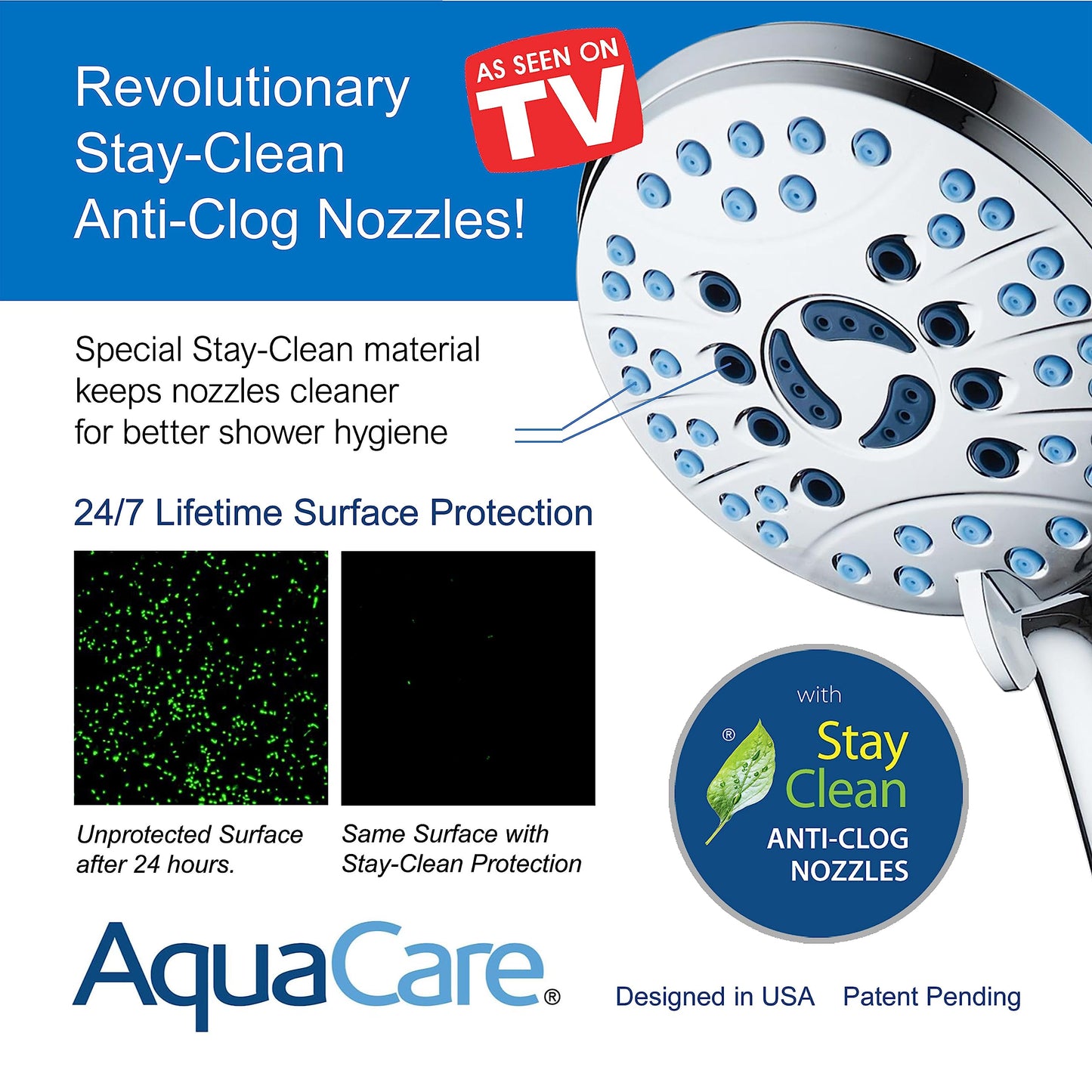AquaCare 8-Mode High Pressure Handheld Shower Head – Anti-Clog Nozzles, Power Wash, 6ft Hose, Wall & Overhead Brackets