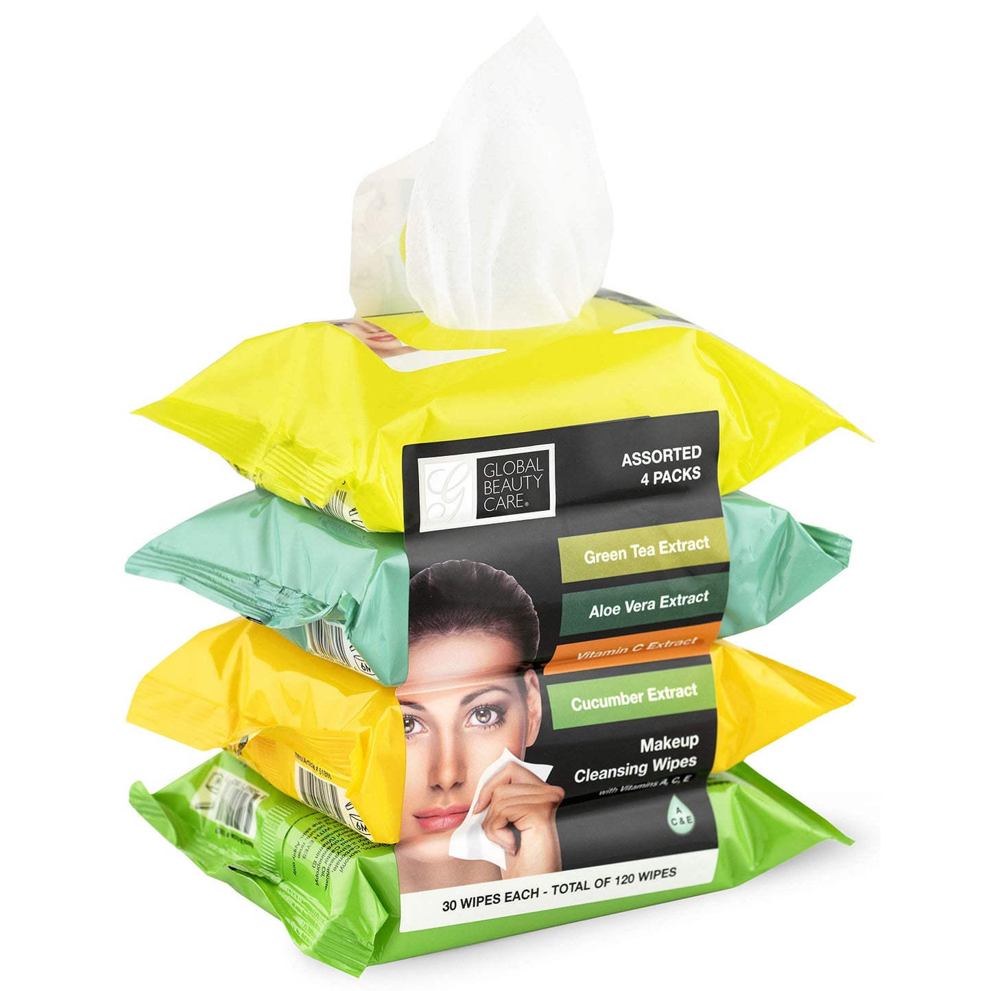 Global Beauty Care Assorted Makeup Remover Wipes Variety Pack - Green Tea, Aloe Vera, Vitamin C & Cucumber Extract Facial Cloths, Removes Waterproof