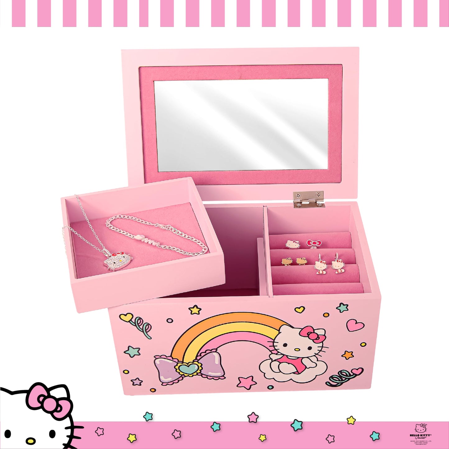 Hello Kitty Jewelry Box with Tray and Storage Official License, Pink Jewelry Box, Wood Jewelry Organizer, Sanrio Gifts (Pink)
