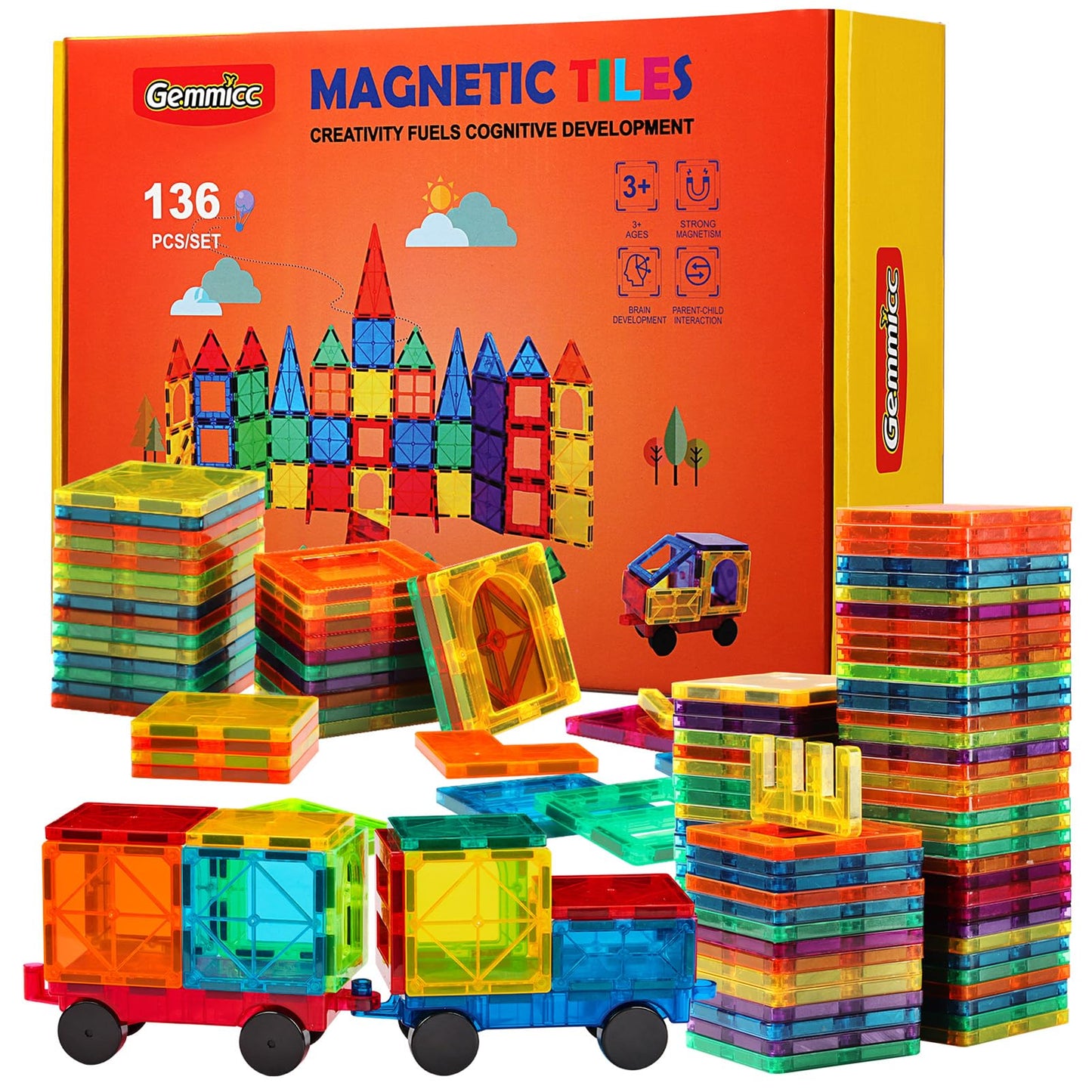 Gemmicc Magnetic Tiles 136pcs Deluxe Set – 3D Magnet Building Blocks & Stacking Puzzles with 2 Cars for Kids Boys & Girls