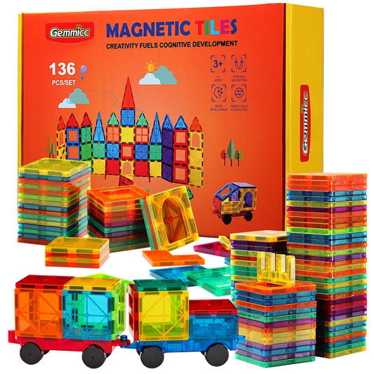 Gemmicc Magnetic Tiles 136pcs Deluxe Set – 3D Magnet Building Blocks & Stacking Puzzles with 2 Cars for Kids Boys & Girls