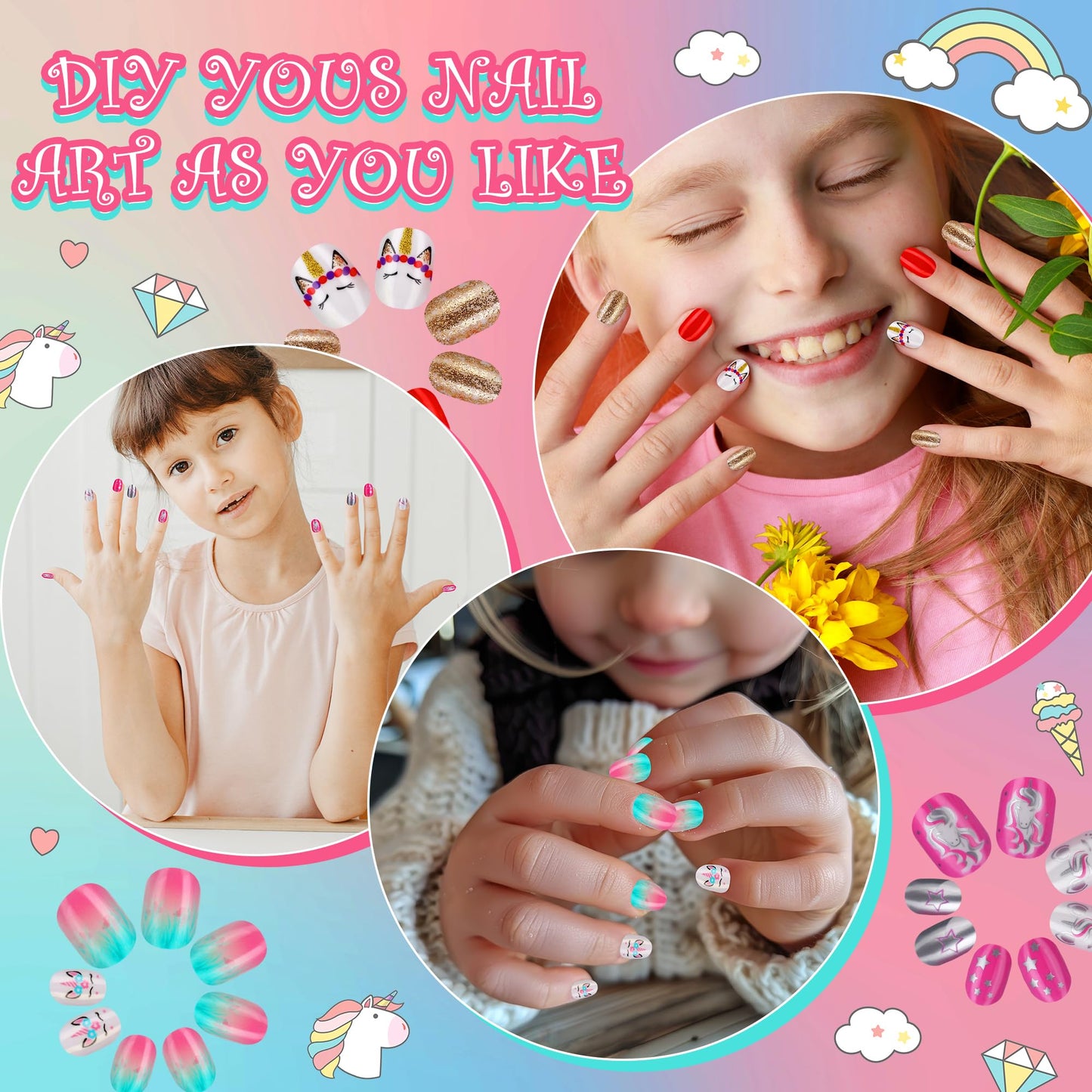 Rain Bingo 72 Pieces False Nails Press on Nails for Kids- Unicorn Short Fake Artificial Full Cover Nail Art Kits Transation with Nail Glue Tabs