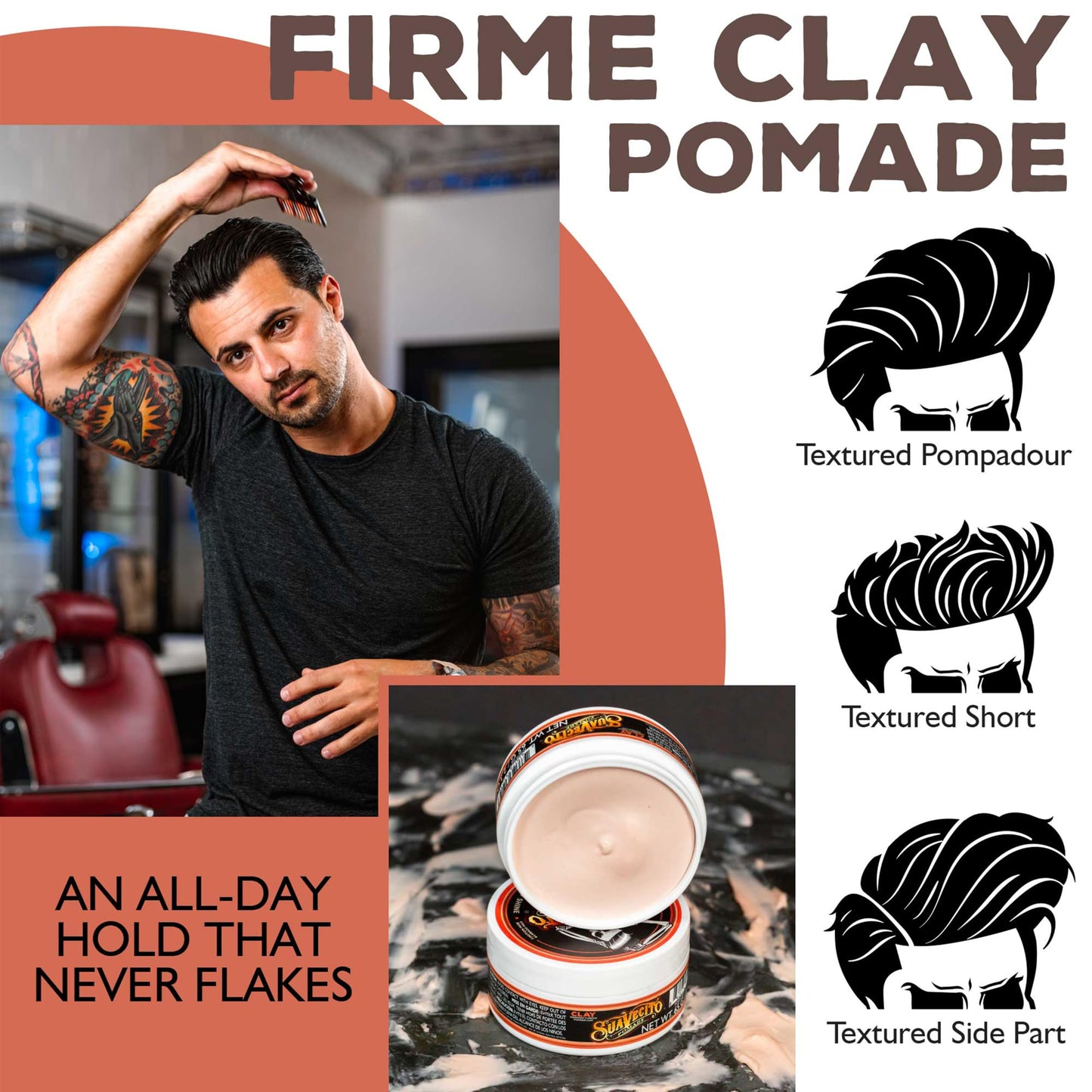 Suavecito Pomade Firme Clay for Men - Strong Hold, Low Shine Matte Finish - Professional Hair Styling Clay for Added Volume and Definition - 2.3 oz