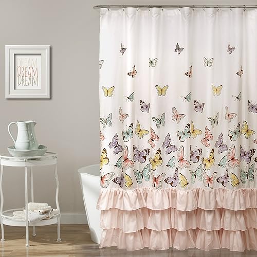 Lush Decor Flutter Butterfly Shower Curtain 72" W x 72" L Pink - Fabric Shower Curtains for Bathroom - Ruffle Bathroom Curtain - Pink Decor