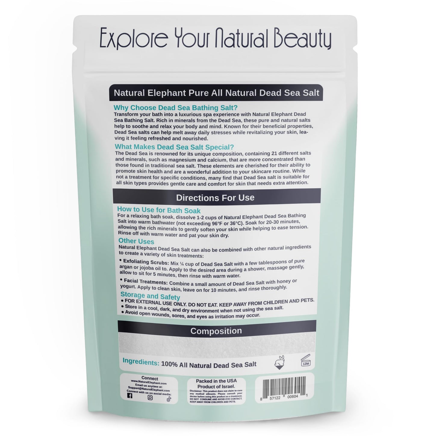 Natural Elephant Dead Sea Salt for Soaking & Bathing - 1 Pound Bag (16oz) - Fine Grain - 100% Natural and Pure Beauty and Personal Care Natural Elephant